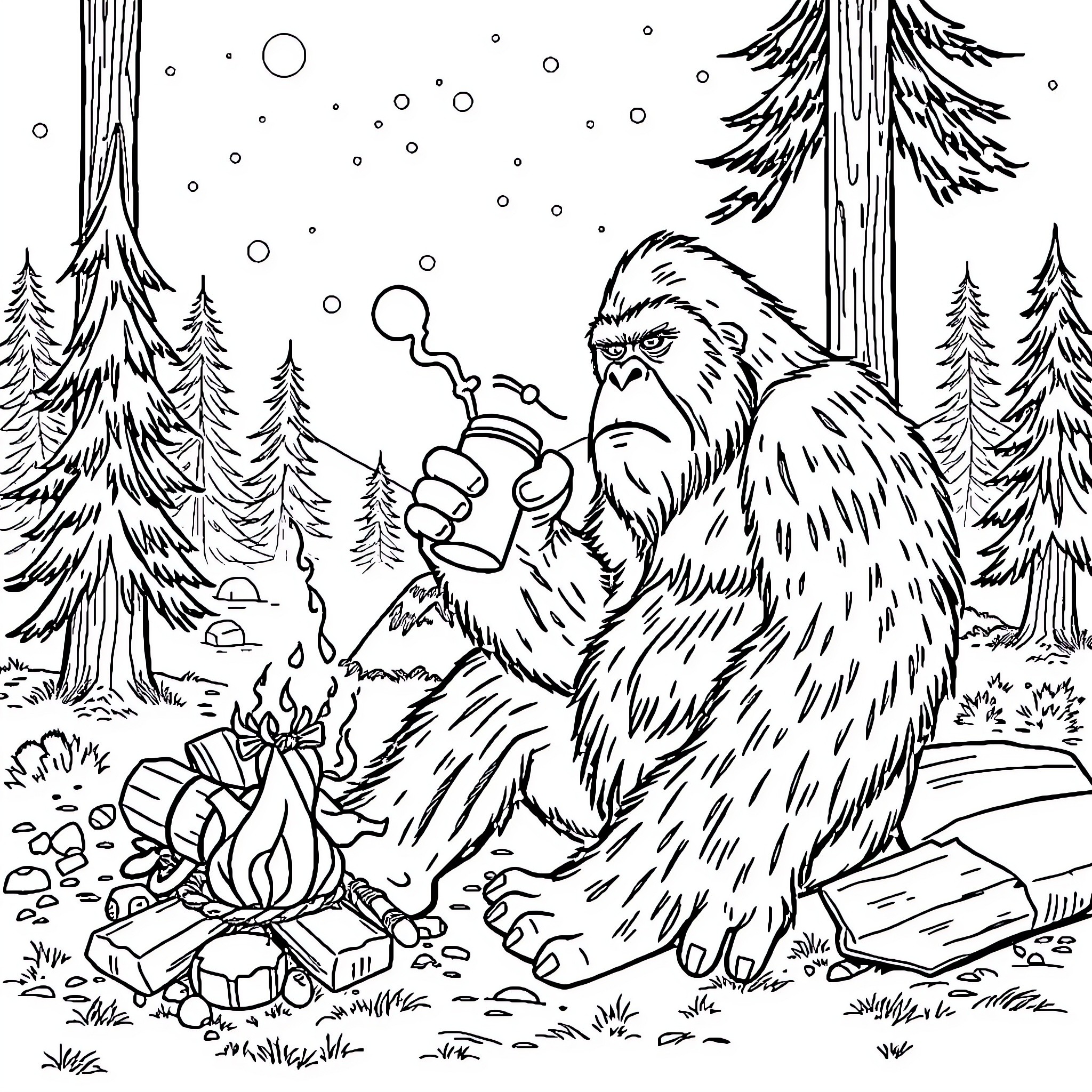 Bigfoot roasting marshmallows by the campfire in snowy forest Coloring Page (free black-and-white line drawing printable PDF for all, from beginners to advanced learners, including children, teens, adults, and seniors)