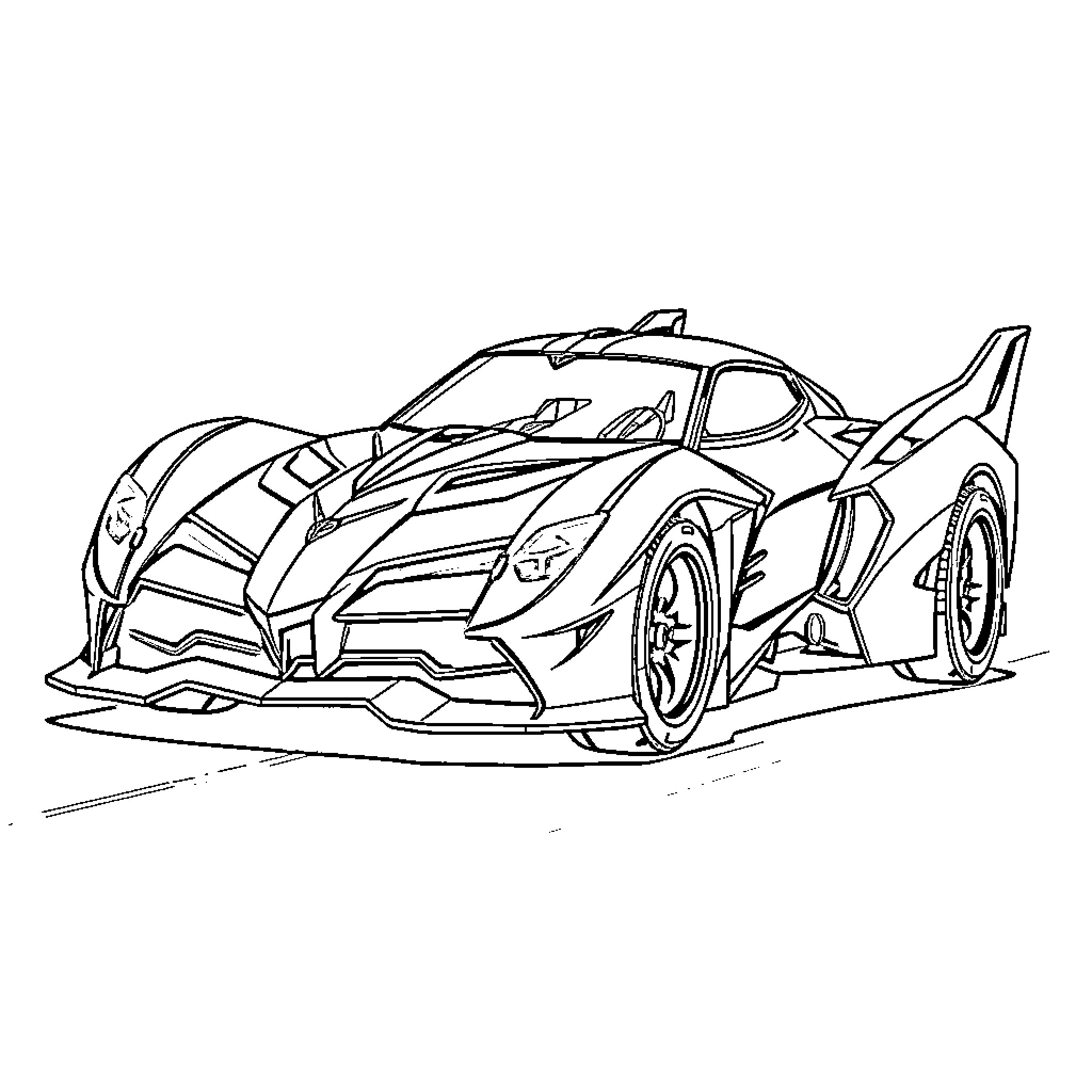 Batcar performing impressive stunts and maneuvers Coloring Page (free black-and-white line drawing printable PDF for all, from beginners to advanced learners, including children, teens, adults, and seniors)