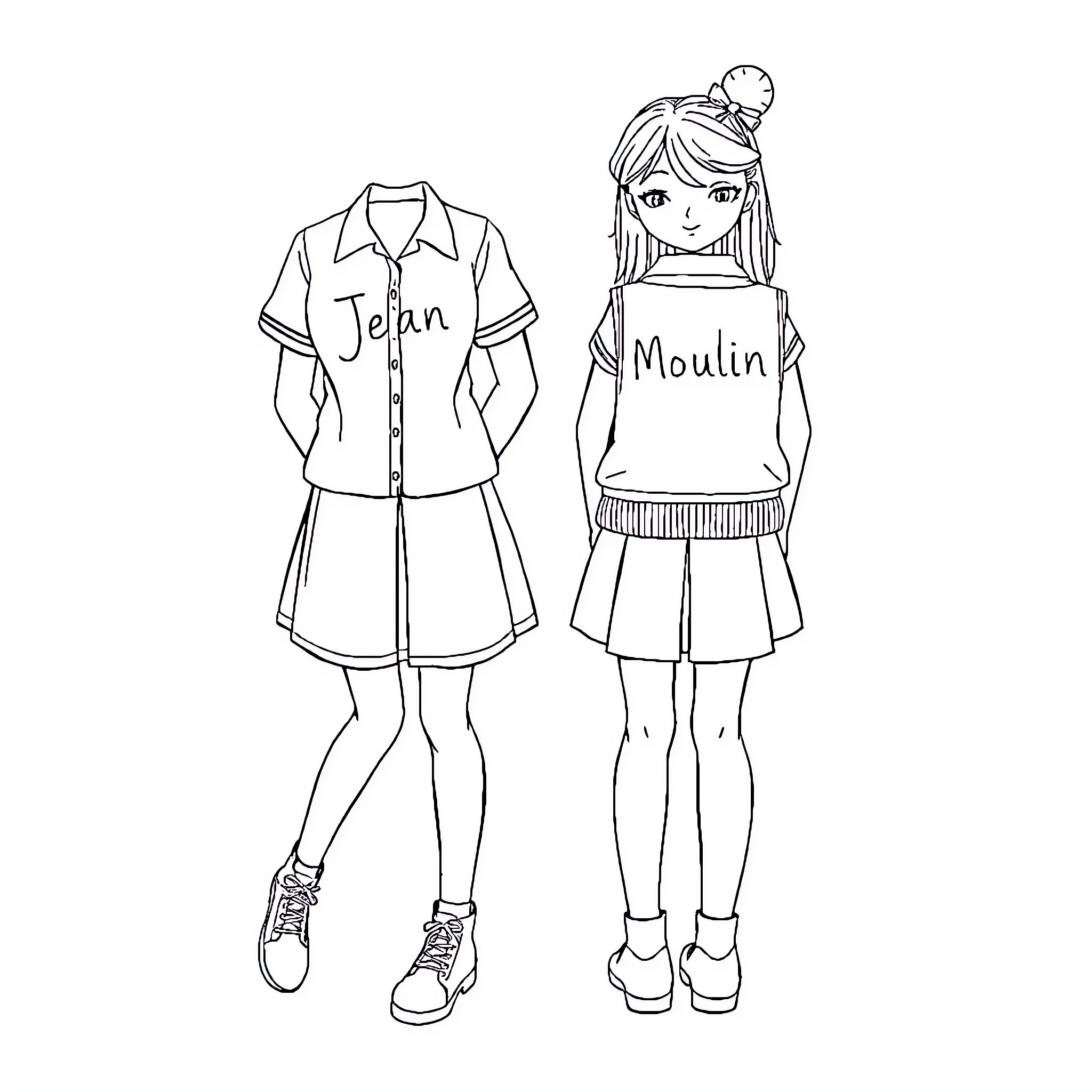 Uniforme Outfits of Cheerful Youths Coloring Page (free black-and-white line drawing printable PDF for all, from beginners to advanced learners, including children, teens, adults, and seniors)