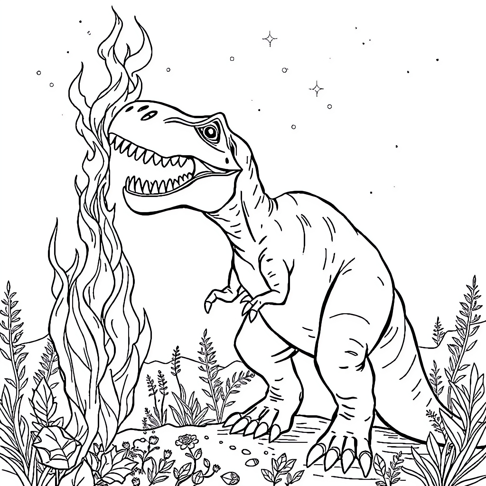 Dinosaur roaring amidst lush foliage Coloring Page (free black-and-white line drawing printable PDF for all, from beginners to advanced learners, including children, teens, adults, and seniors)