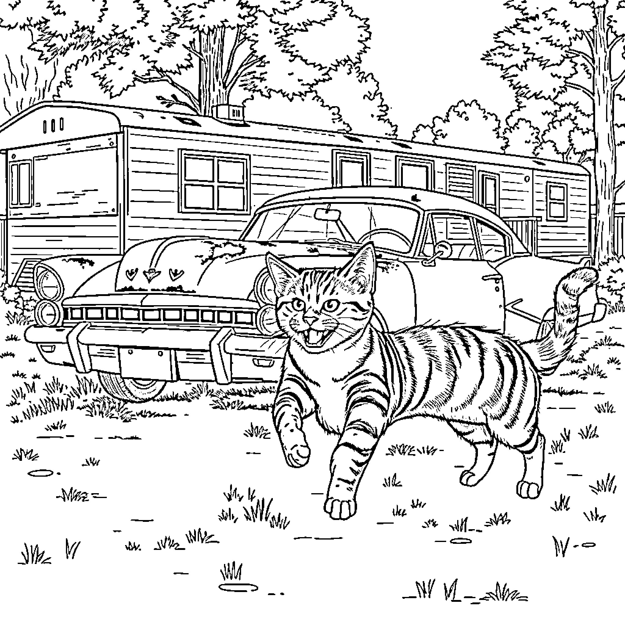 Cat exploring vintage camper in the woods Coloring Page (free black-and-white line drawing printable PDF for all, from beginners to advanced learners, including children, teens, adults, and seniors)