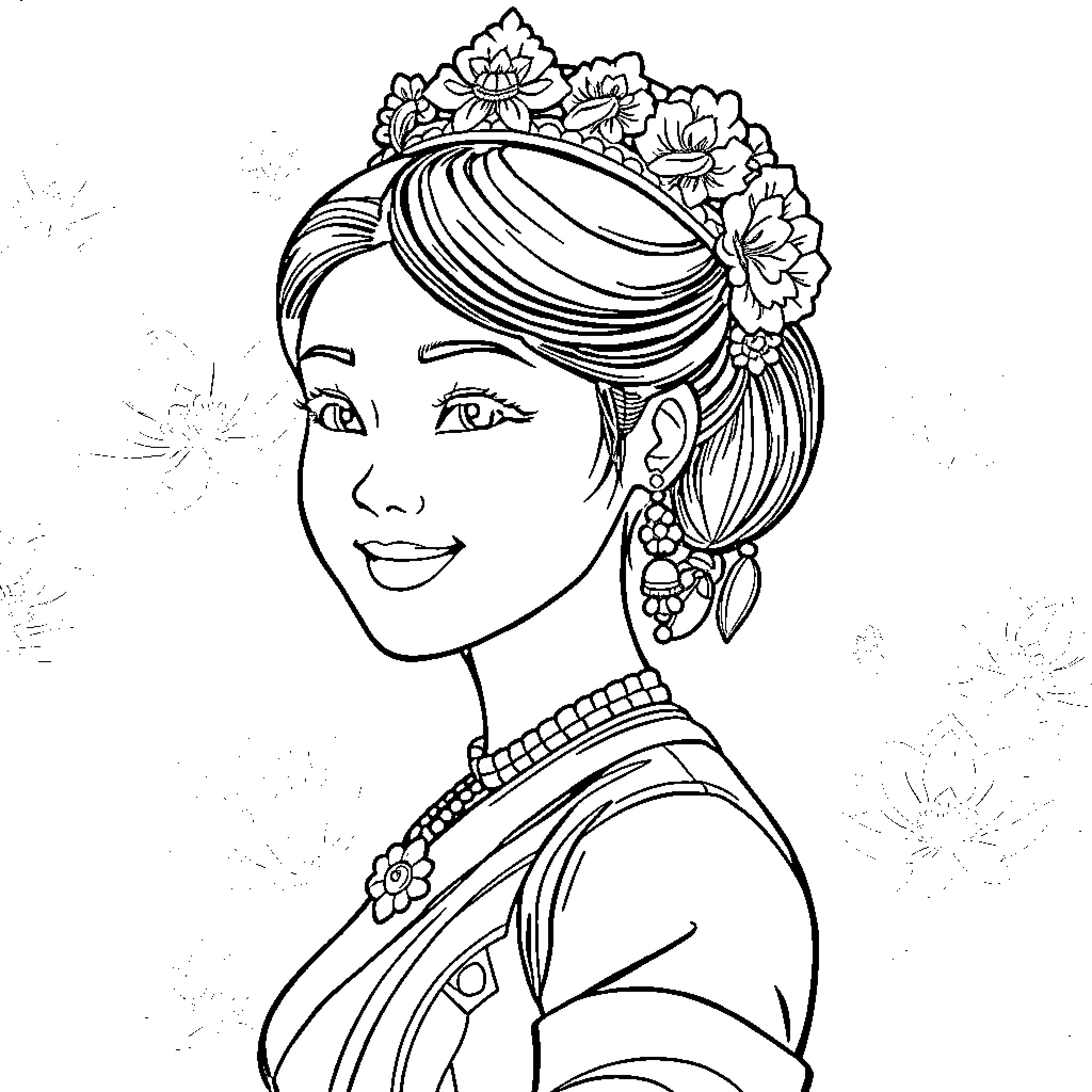 Girl in elegant floral headpiece and jewelry Coloring Page (free black-and-white line drawing printable PDF for all, from beginners to advanced learners, including children, teens, adults, and seniors)