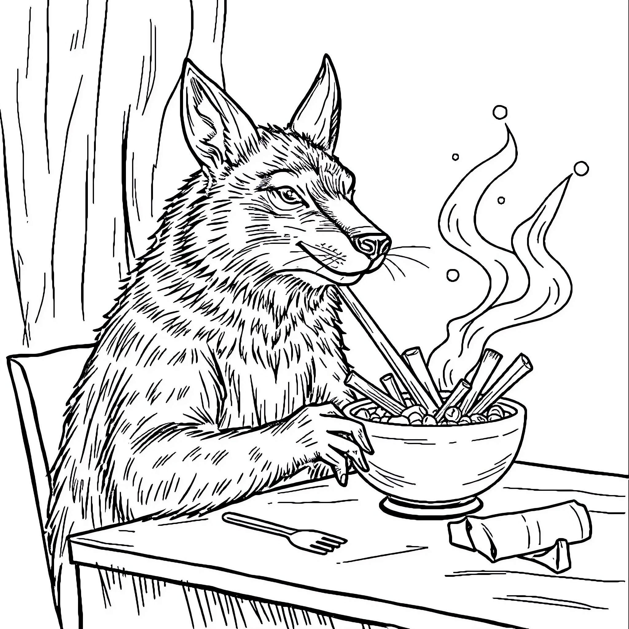 Loup enjoying a warm meal by the fireplace Coloring Page (free black-and-white line drawing printable PDF for all, from beginners to advanced learners, including children, teens, adults, and seniors)