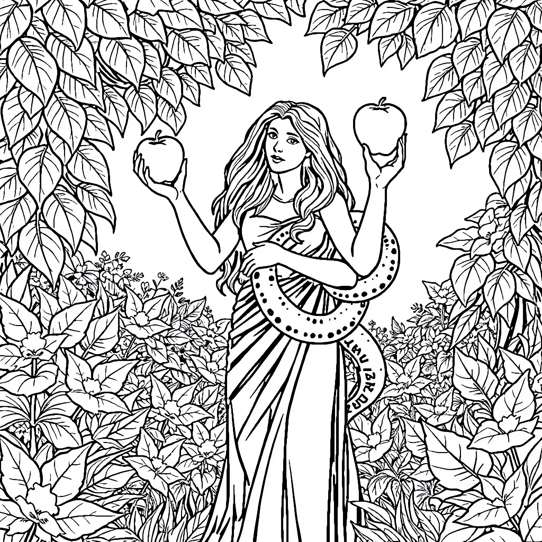 EVE - Enchanted Garden Goddess Coloring Page (free black-and-white line drawing printable PDF for all, from beginners to advanced learners, including children, teens, adults, and seniors)