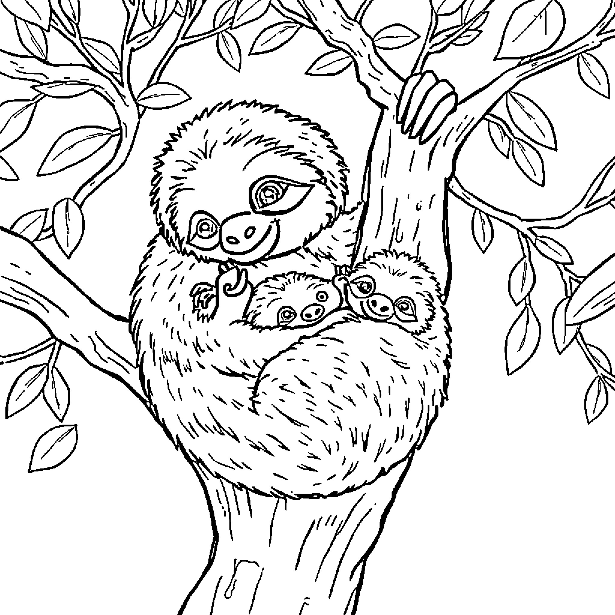 Sloth family relaxing on tree branch Coloring Page (free black-and-white line drawing printable PDF for all, from beginners to advanced learners, including children, teens, adults, and seniors)