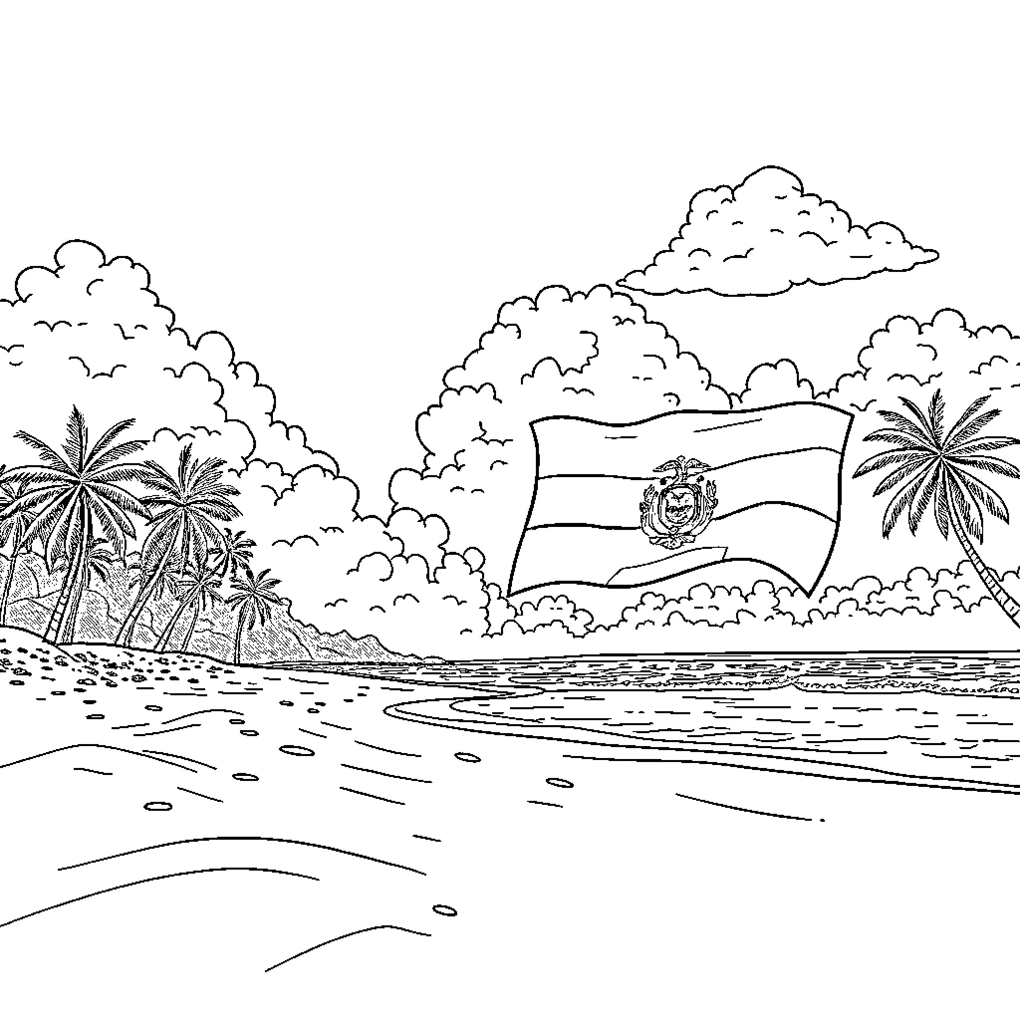 Beach scene with palm trees and flag Coloring Page (free black-and-white line drawing printable PDF for all, from beginners to advanced learners, including children, teens, adults, and seniors)