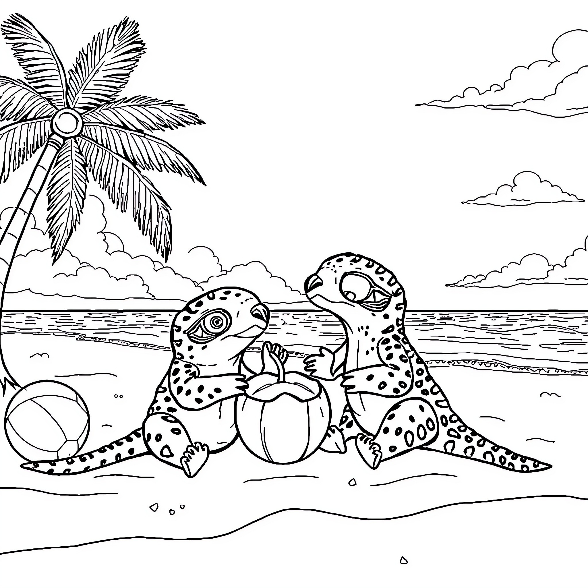 Tarantulas relaxing on the beach under palm trees Coloring Page (free black-and-white line drawing printable PDF for all, from beginners to advanced learners, including children, teens, adults, and seniors)