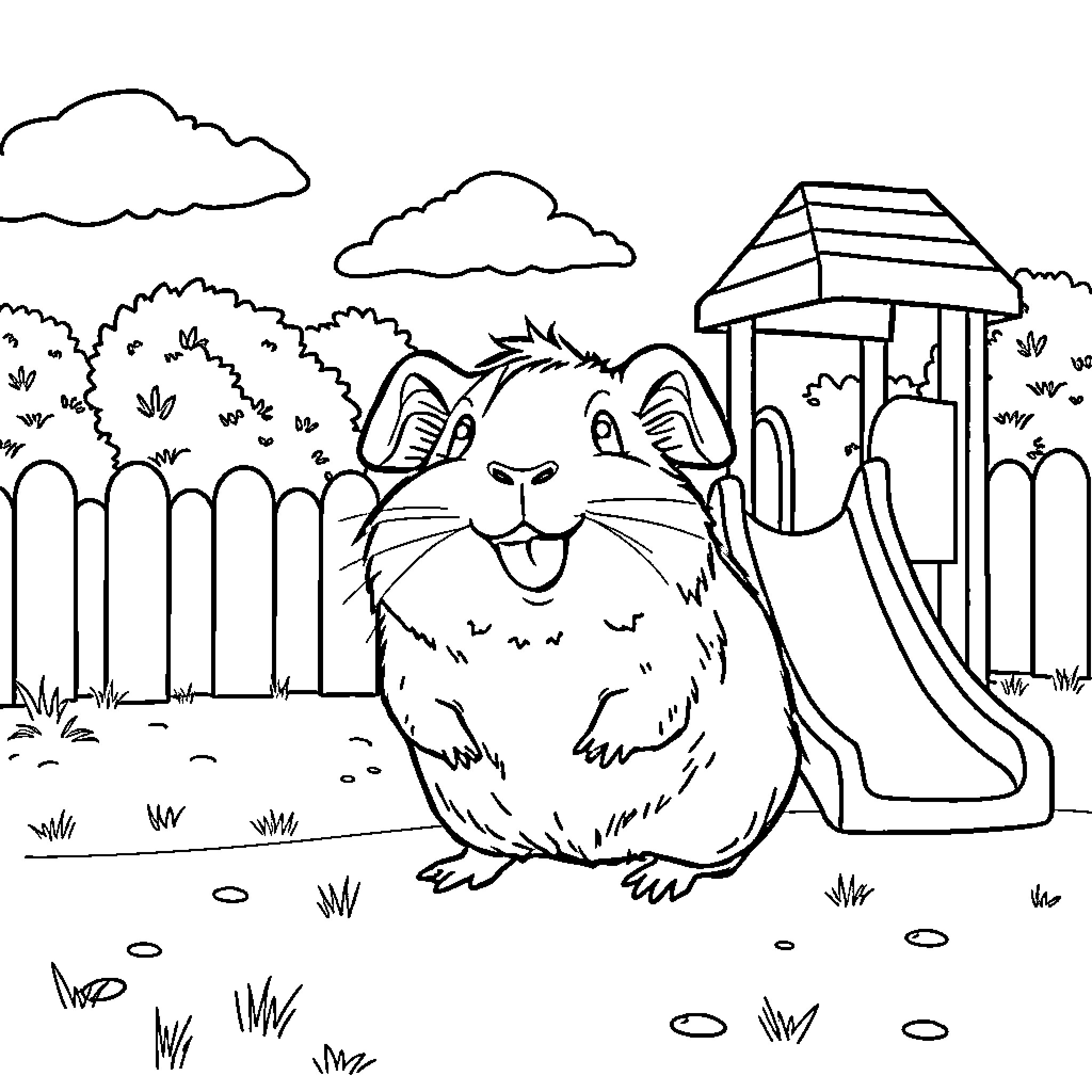 Guinea Pig enjoying the playground equipment Coloring Page (free black-and-white line drawing printable PDF for all, from beginners to advanced learners, including children, teens, adults, and seniors)