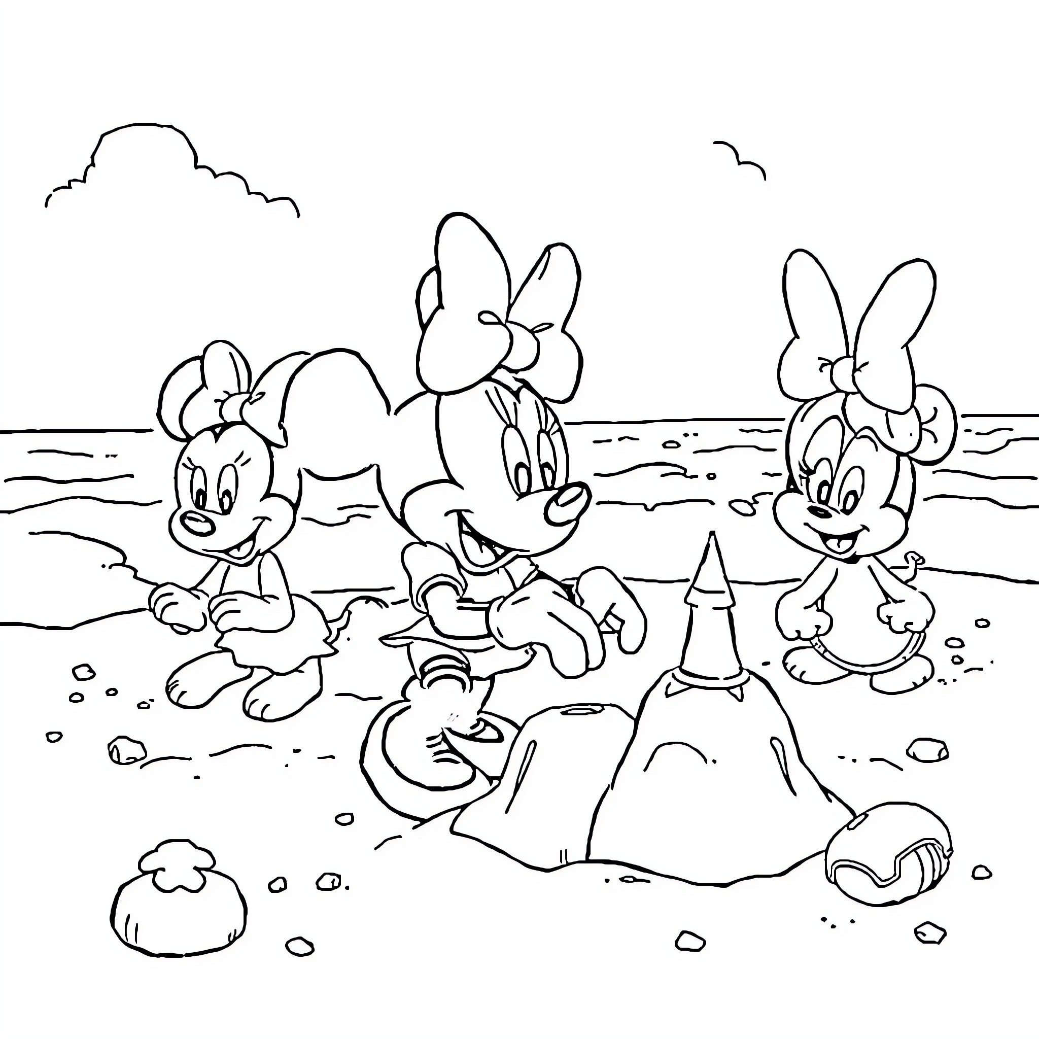 Minnie Mouse and friends building sandcastles by the beach Coloring Page (free black-and-white line drawing printable PDF for all, from beginners to advanced learners, including children, teens, adults, and seniors)