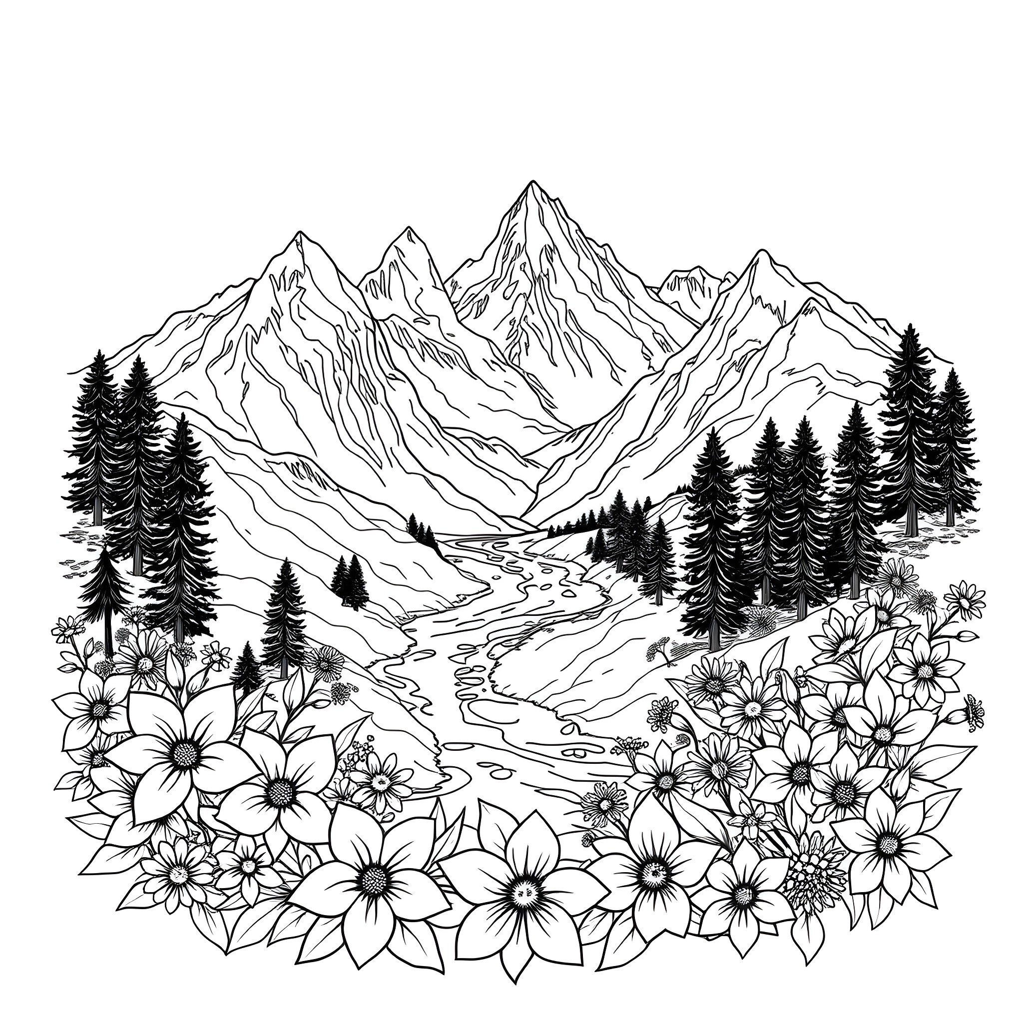 Mountain landscape with flowers in the foreground Coloring Page (free black-and-white line drawing printable PDF for all, from beginners to advanced learners, including children, teens, adults, and seniors)