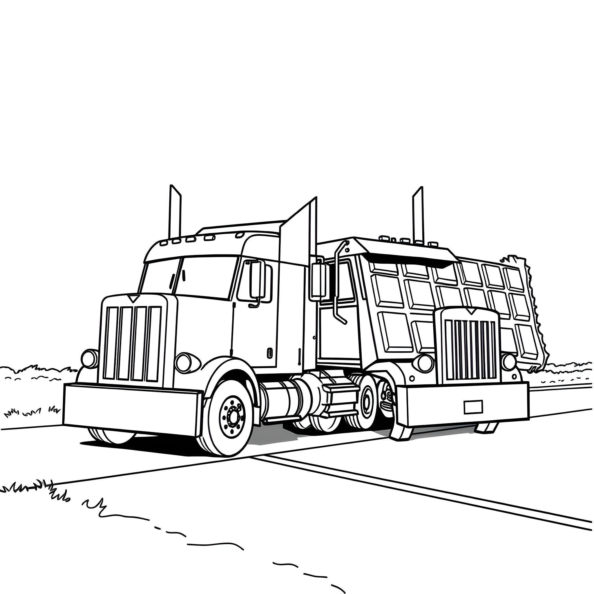 Truck transporting goods on the road Coloring Page (free black-and-white line drawing printable PDF for all, from beginners to advanced learners, including children, teens, adults, and seniors)