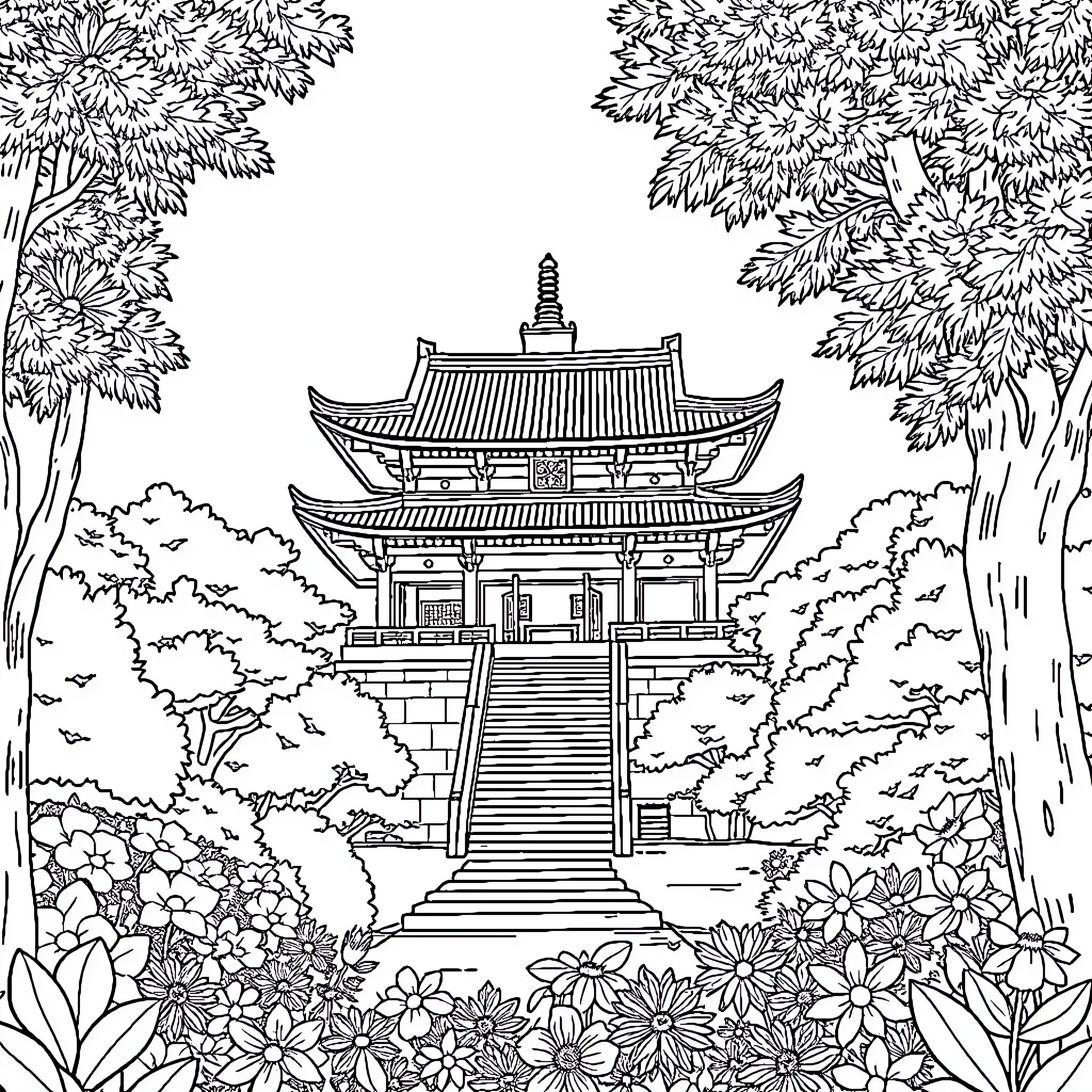 Temple amidst lush foliage and blooming flowers Coloring Page (free black-and-white line drawing printable PDF for all, from beginners to advanced learners, including children, teens, adults, and seniors)