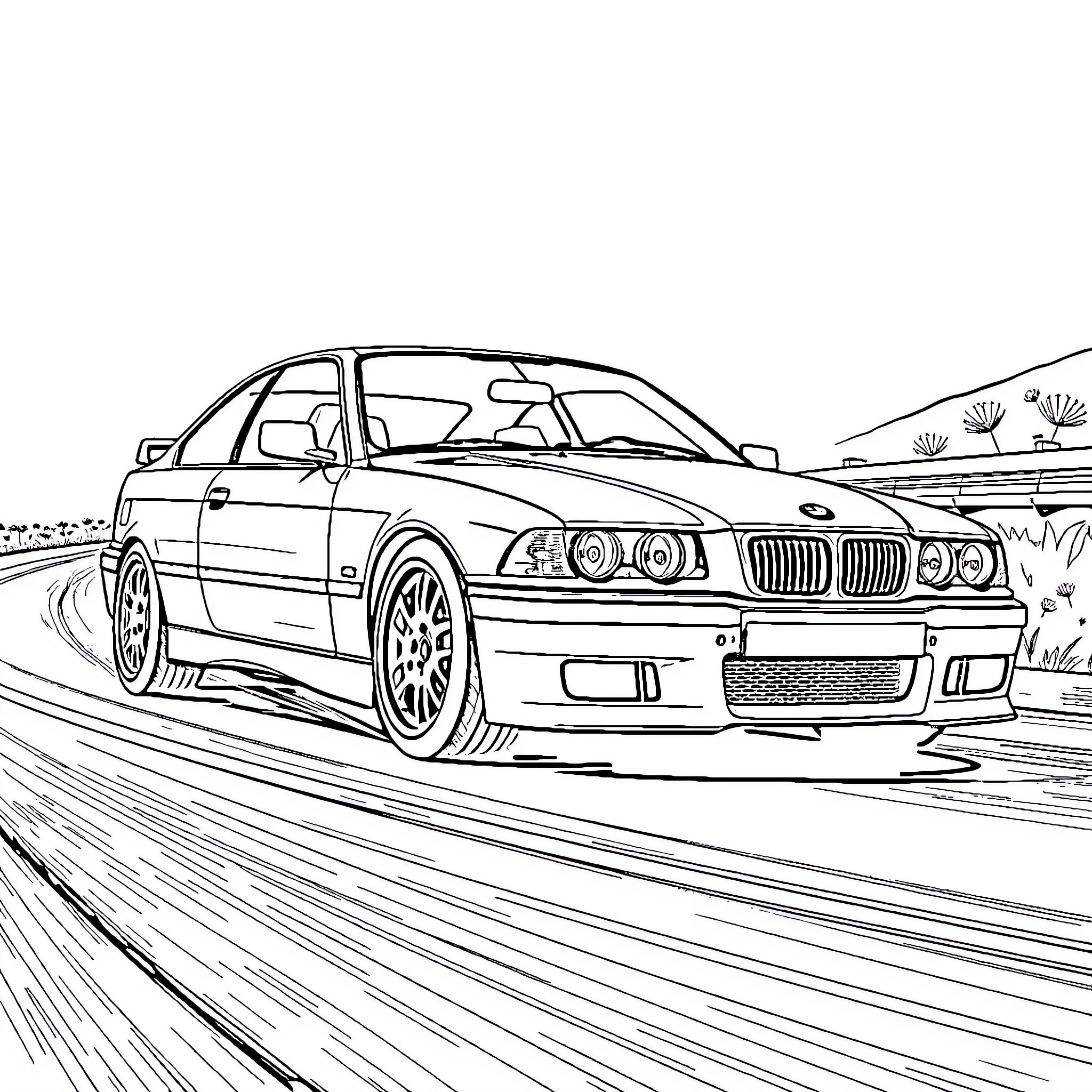 BMW speeding down the road Coloring Page (free black-and-white line drawing printable PDF for all, from beginners to advanced learners, including children, teens, adults, and seniors)