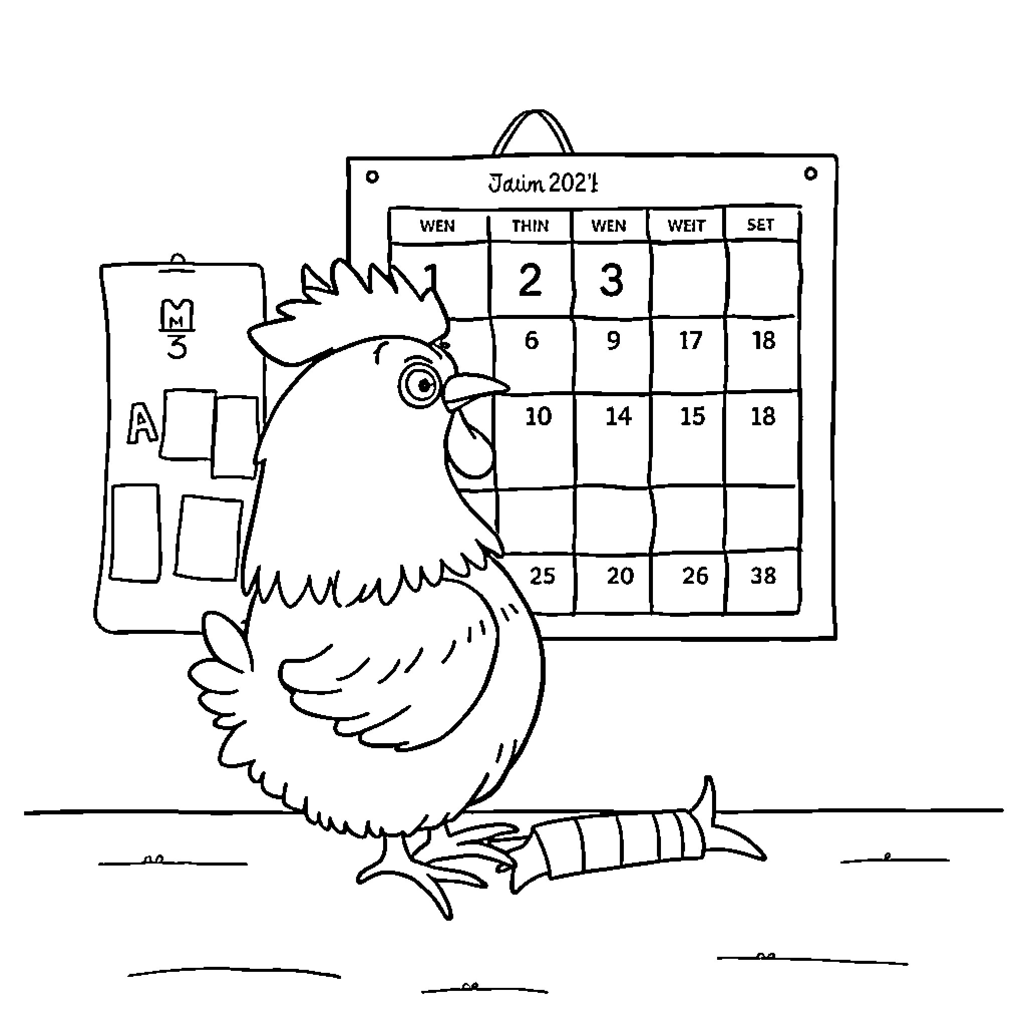 Chicken sitting near monthly calendar Coloring Page (free black-and-white line drawing printable PDF for all, from beginners to advanced learners, including children, teens, adults, and seniors)