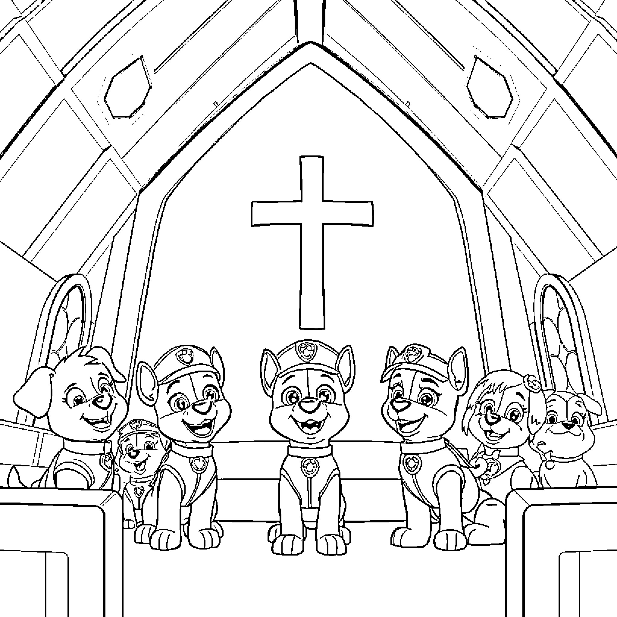 Paw Patrol team in church with large cross Coloring Page (free black-and-white line drawing printable PDF for all, from beginners to advanced learners, including children, teens, adults, and seniors)