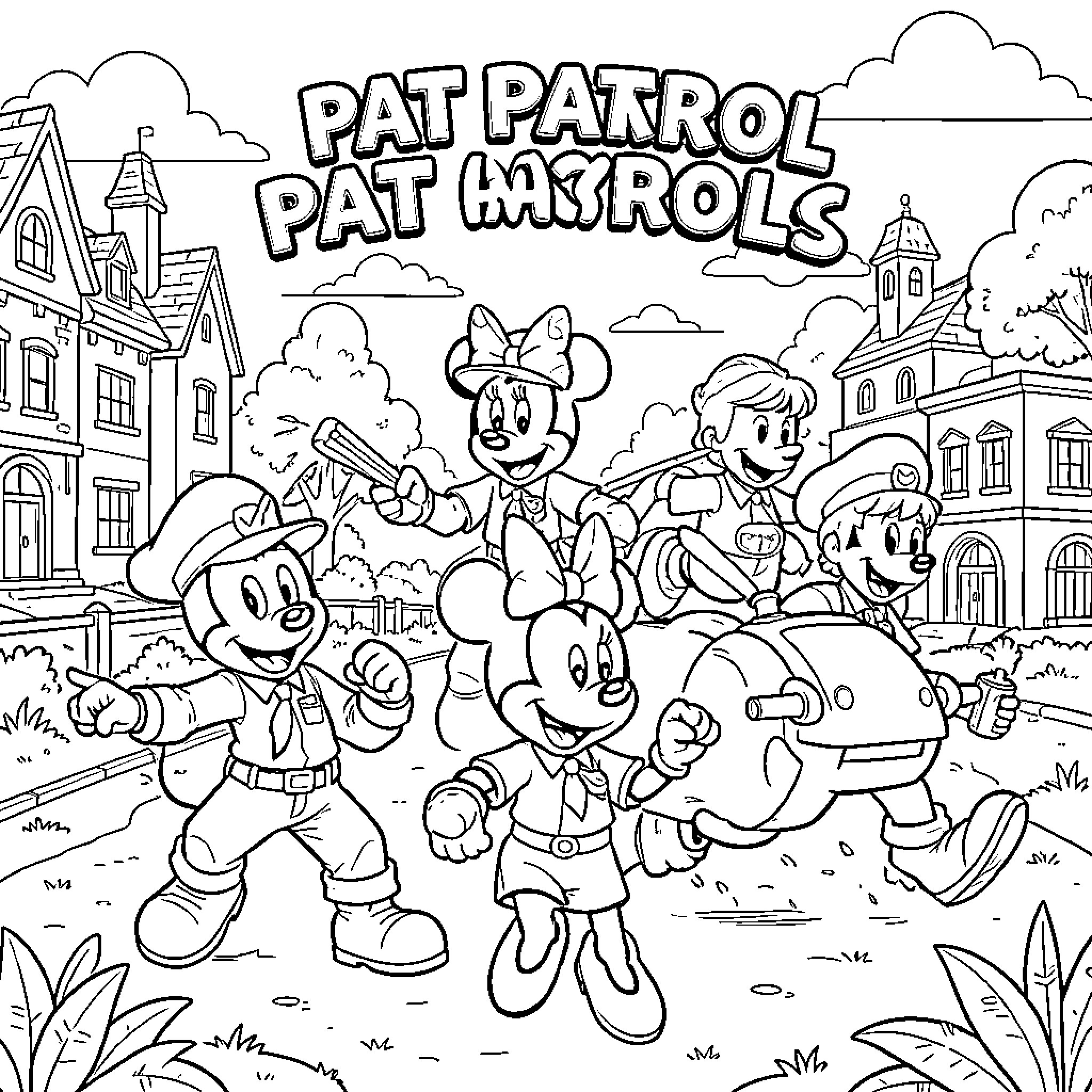 Pat Patrol characters posing joyfully in a town scene Coloring Page (free black-and-white line drawing printable PDF for all, from beginners to advanced learners, including children, teens, adults, and seniors)