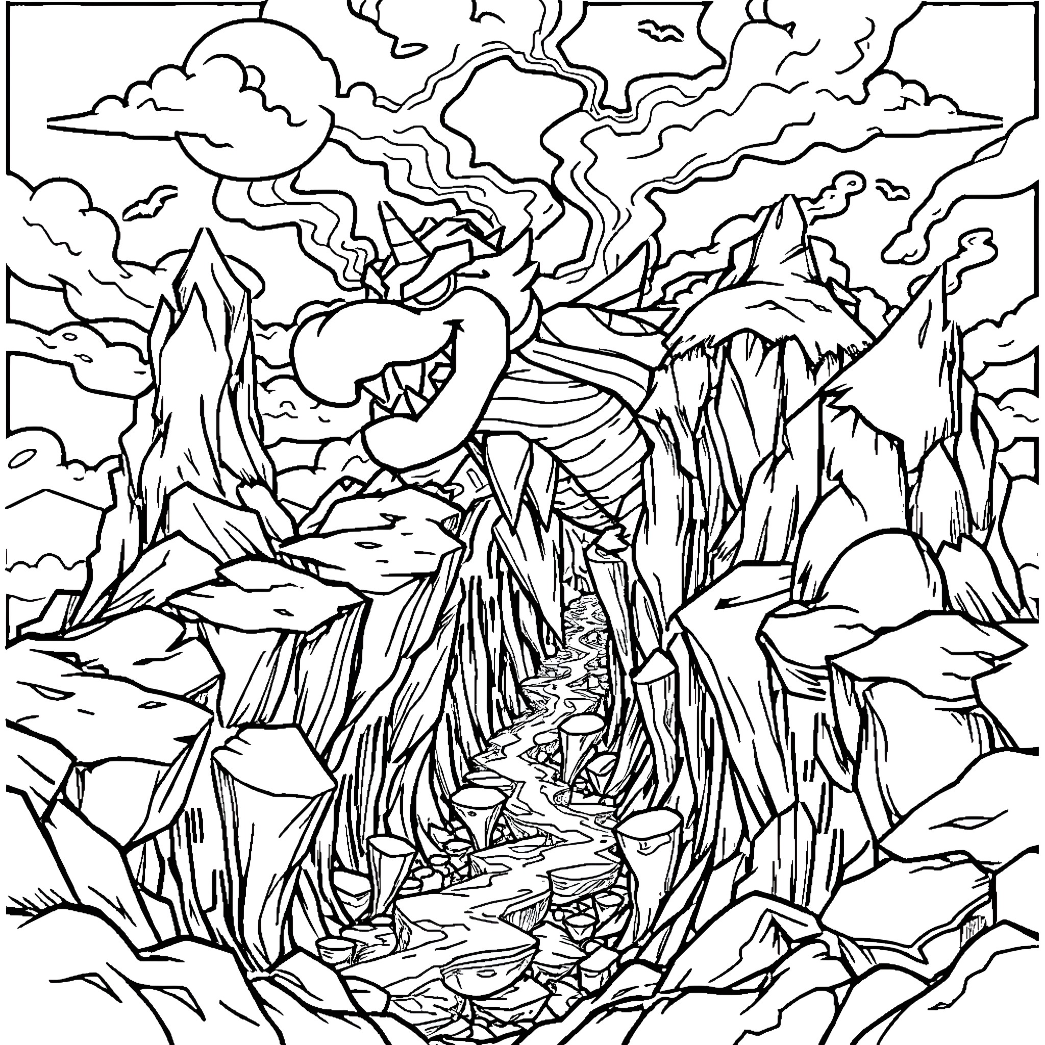 Bowser's Rugged Terrain Adventure Coloring Page (free black-and-white line drawing printable PDF for all, from beginners to advanced learners, including children, teens, adults, and seniors)