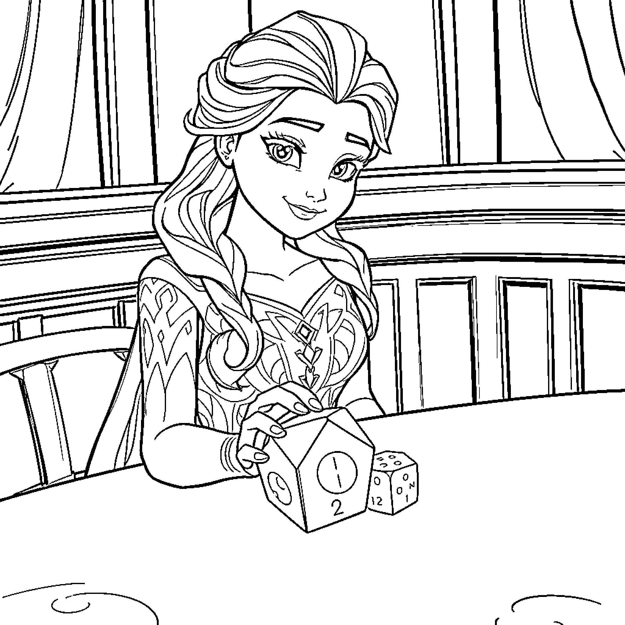 Elsa playing joyfully with dice in her room Coloring Page (free black-and-white line drawing printable PDF for all, from beginners to advanced learners, including children, teens, adults, and seniors)