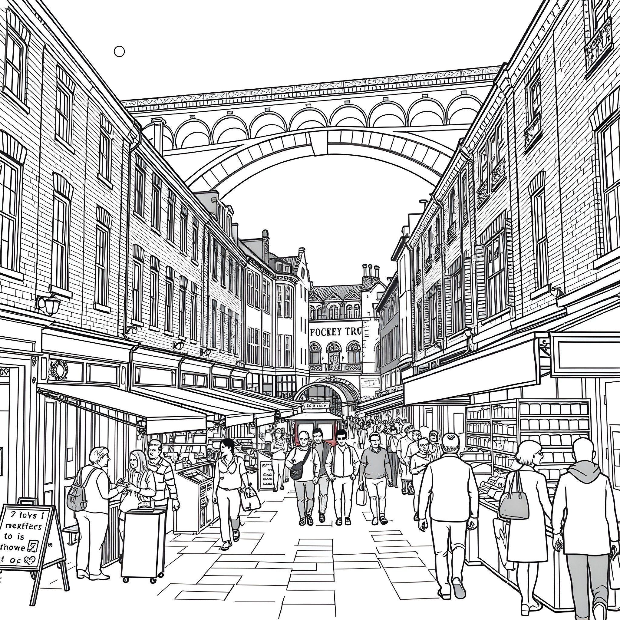 Stockport market street with people and architectural details Coloring Page (free black-and-white line drawing printable PDF for all, from beginners to advanced learners, including children, teens, adults, and seniors)