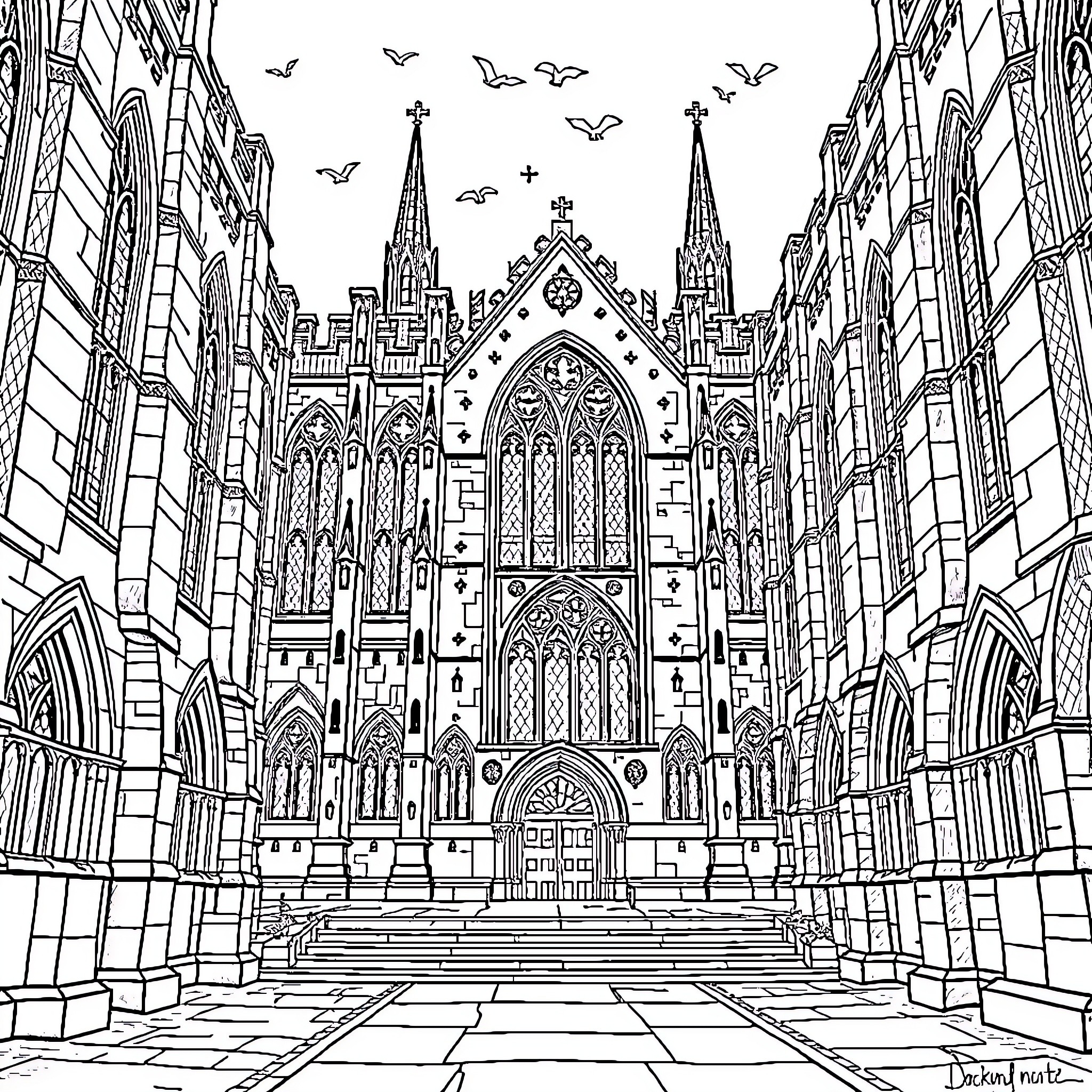 Cathedral of Gothic Architecture with Intricate Details Coloring Page (free black-and-white line drawing printable PDF for all, from beginners to advanced learners, including children, teens, adults, and seniors)