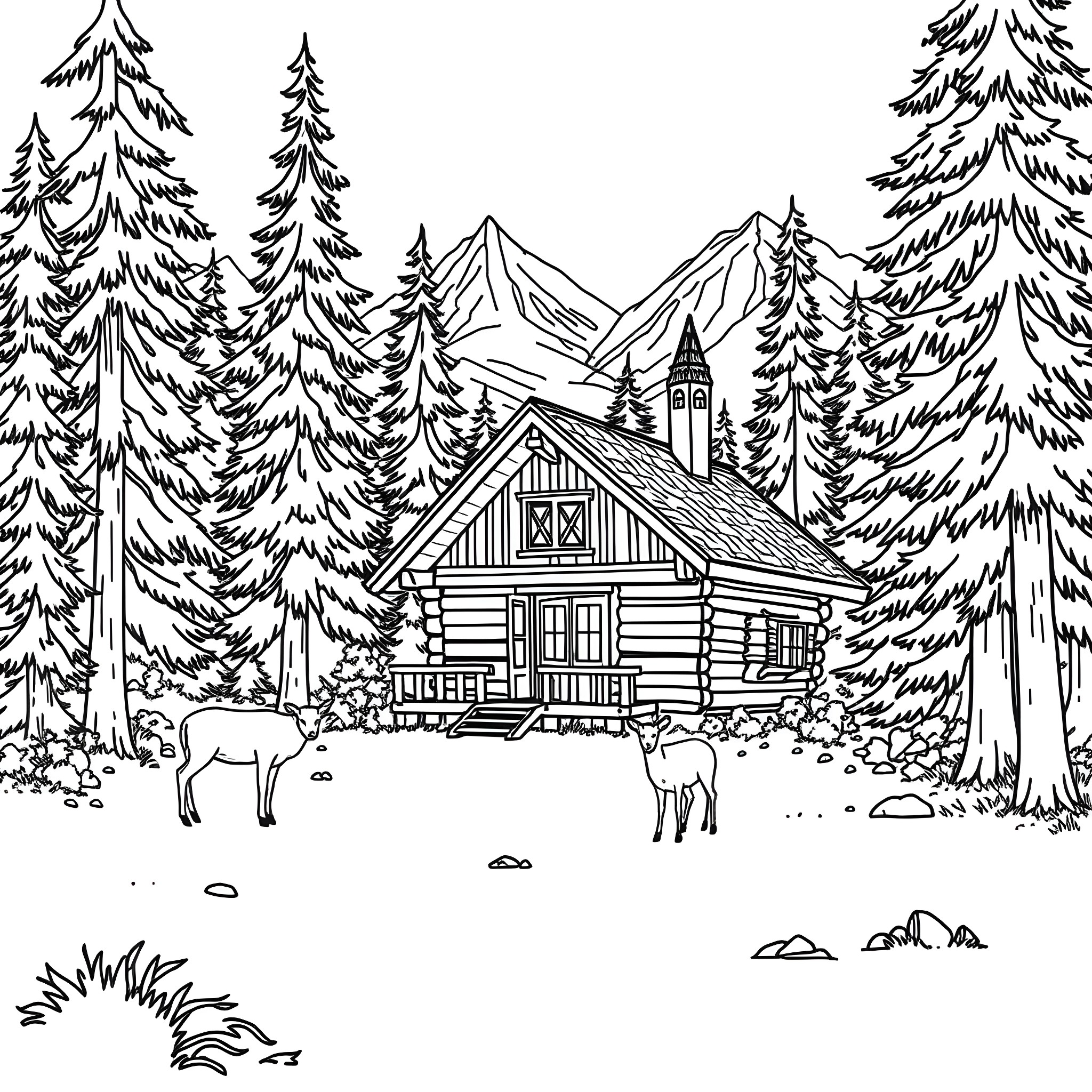 Cabin in the Snowy Forest with Wildlife Coloring Page (free black-and-white line drawing printable PDF for all, from beginners to advanced learners, including children, teens, adults, and seniors)