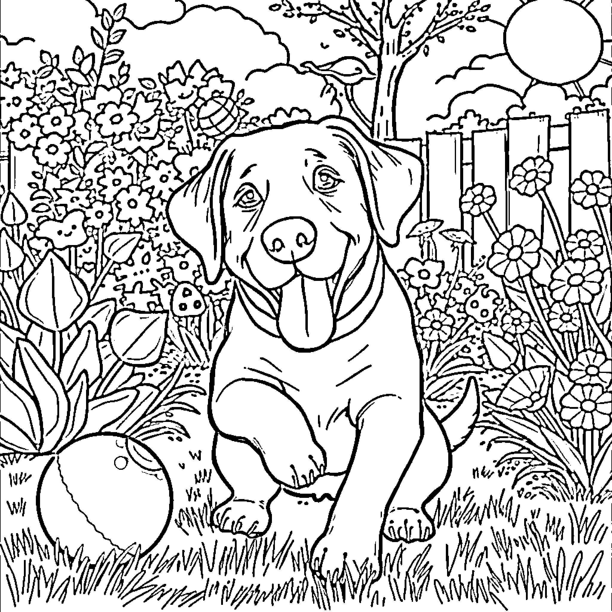 Labrador enjoying the garden scenery Coloring Page (free black-and-white line drawing printable PDF for all, from beginners to advanced learners, including children, teens, adults, and seniors)