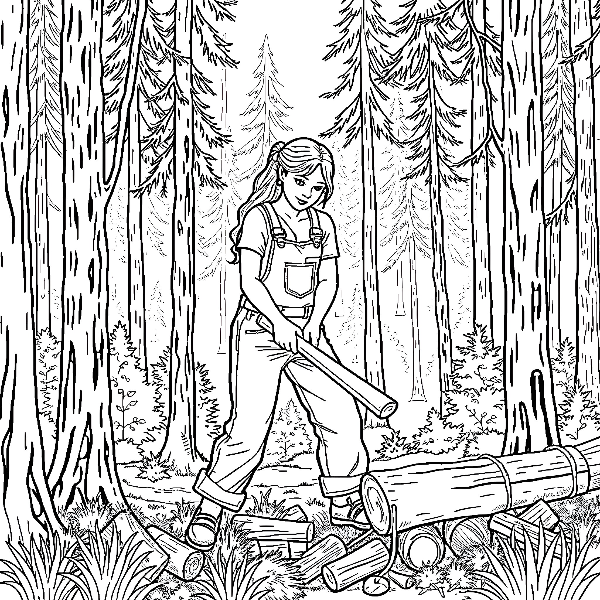 Woman working in the forest Coloring Page (free black-and-white line drawing printable PDF for all, from beginners to advanced learners, including children, teens, adults, and seniors)