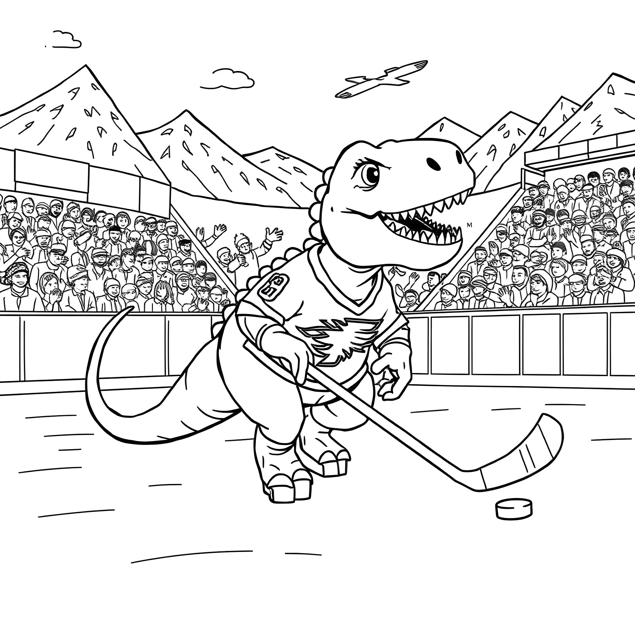 Dinosaur playing ice hockey in front of a crowd Coloring Page (free black-and-white line drawing printable PDF for all, from beginners to advanced learners, including children, teens, adults, and seniors)