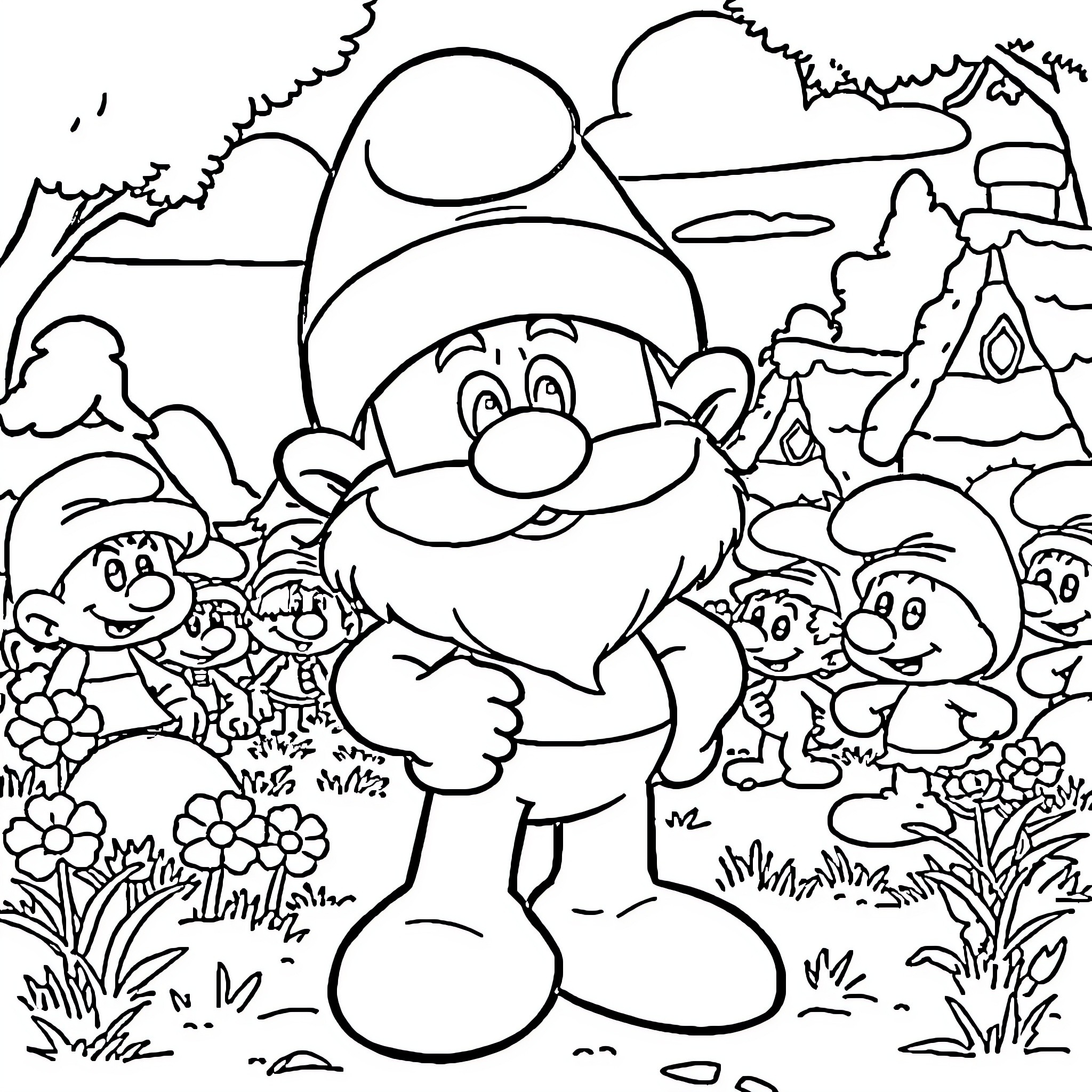 Papa Smurf surrounded by cheerful Smurfs in the forest Coloring Page (free black-and-white line drawing printable PDF for all, from beginners to advanced learners, including children, teens, adults, and seniors)