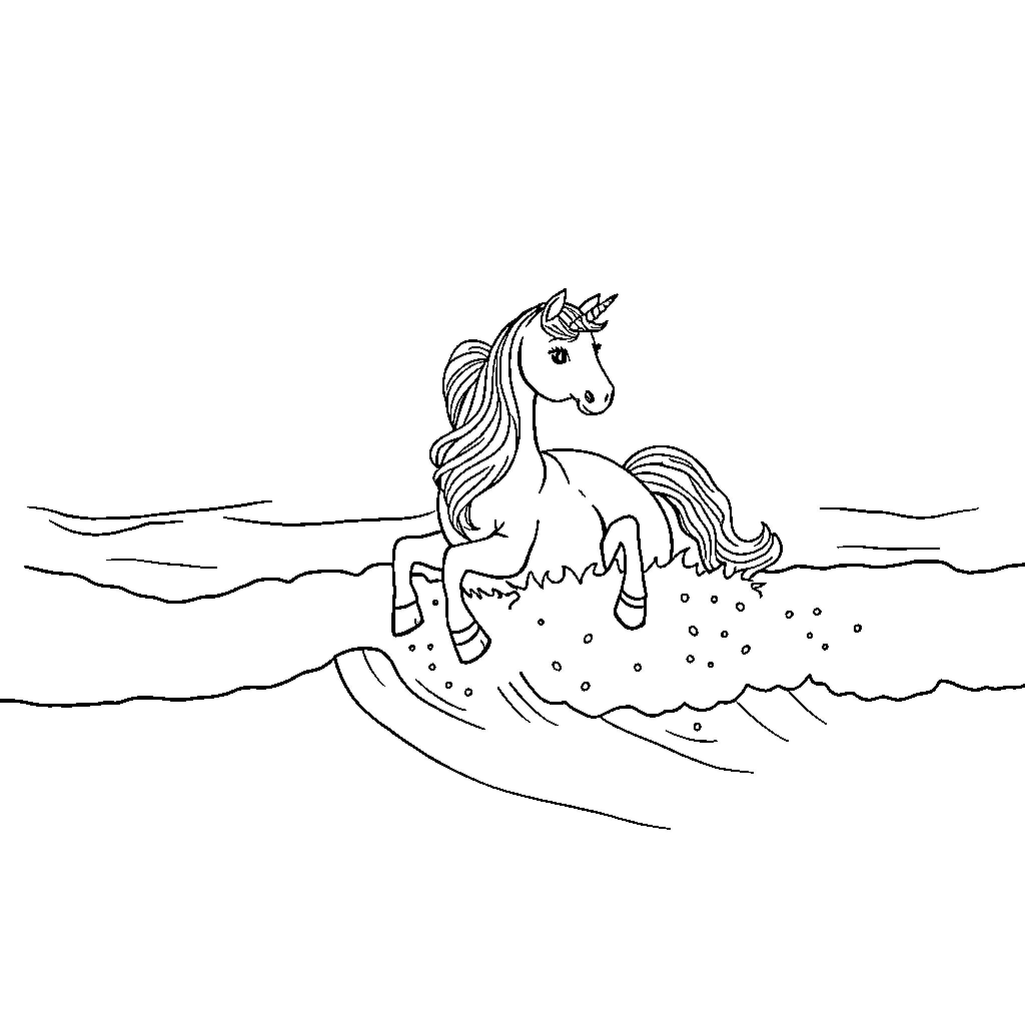 Unicorn surfing happily in the waves Coloring Page (free black-and-white line drawing printable PDF for all, from beginners to advanced learners, including children, teens, adults, and seniors)