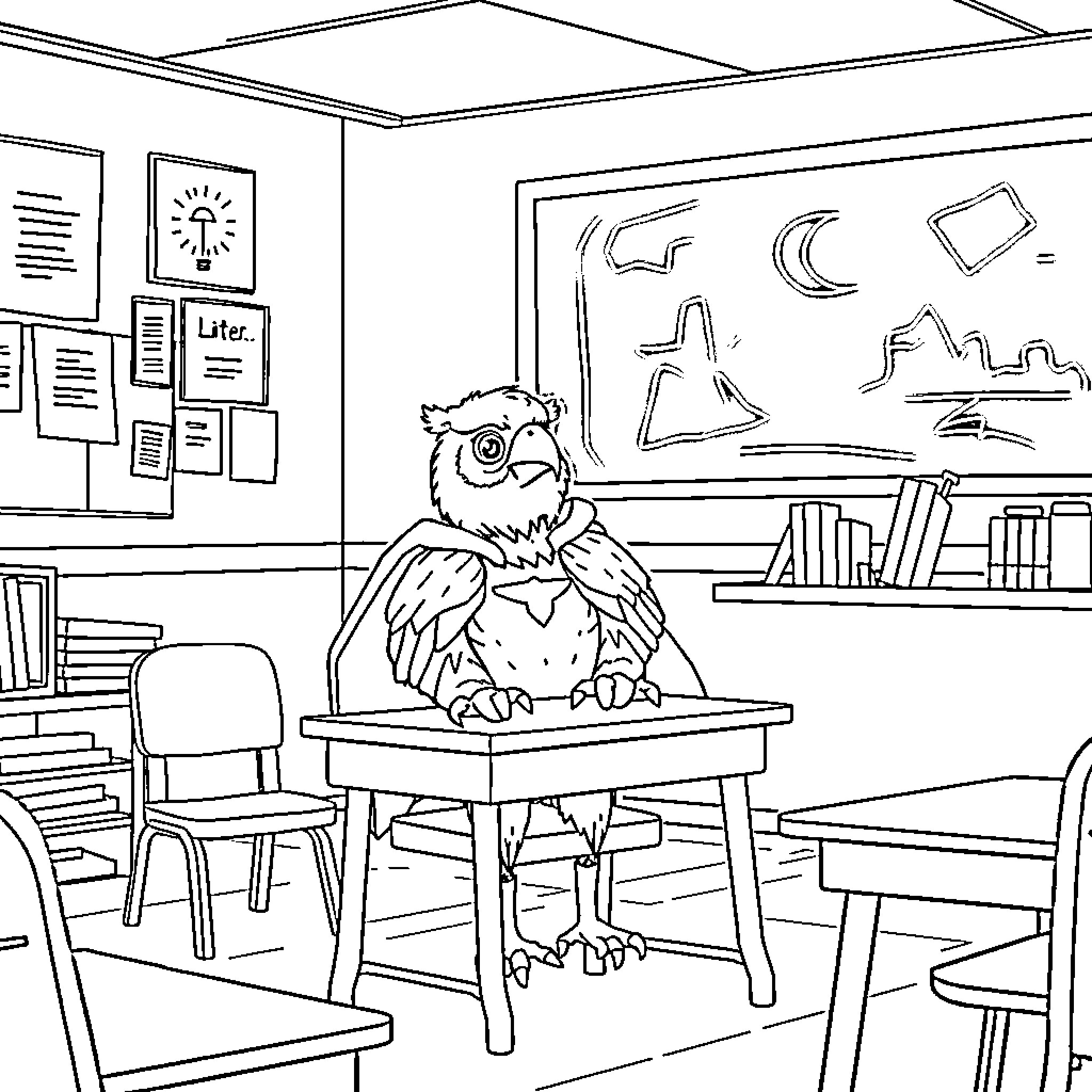 Hawk perched in a classroom setting Coloring Page (free black-and-white line drawing printable PDF for all, from beginners to advanced learners, including children, teens, adults, and seniors)