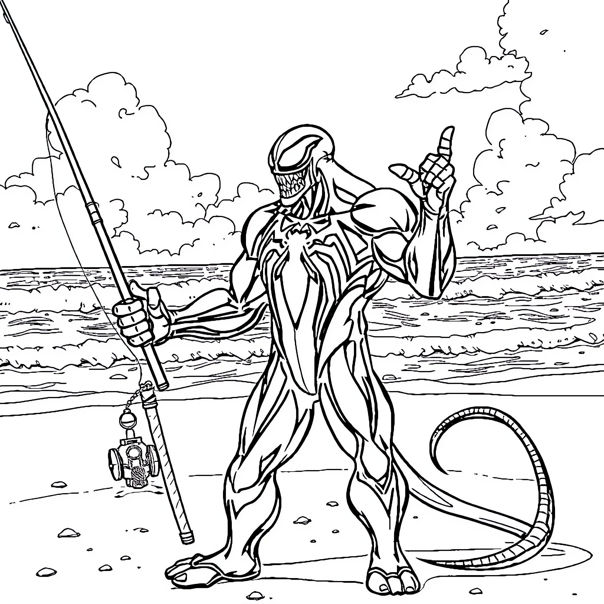 Spider-Man battles a fierce sea creature on the shore Coloring Page (free black-and-white line drawing printable PDF for all, from beginners to advanced learners, including children, teens, adults, and seniors)
