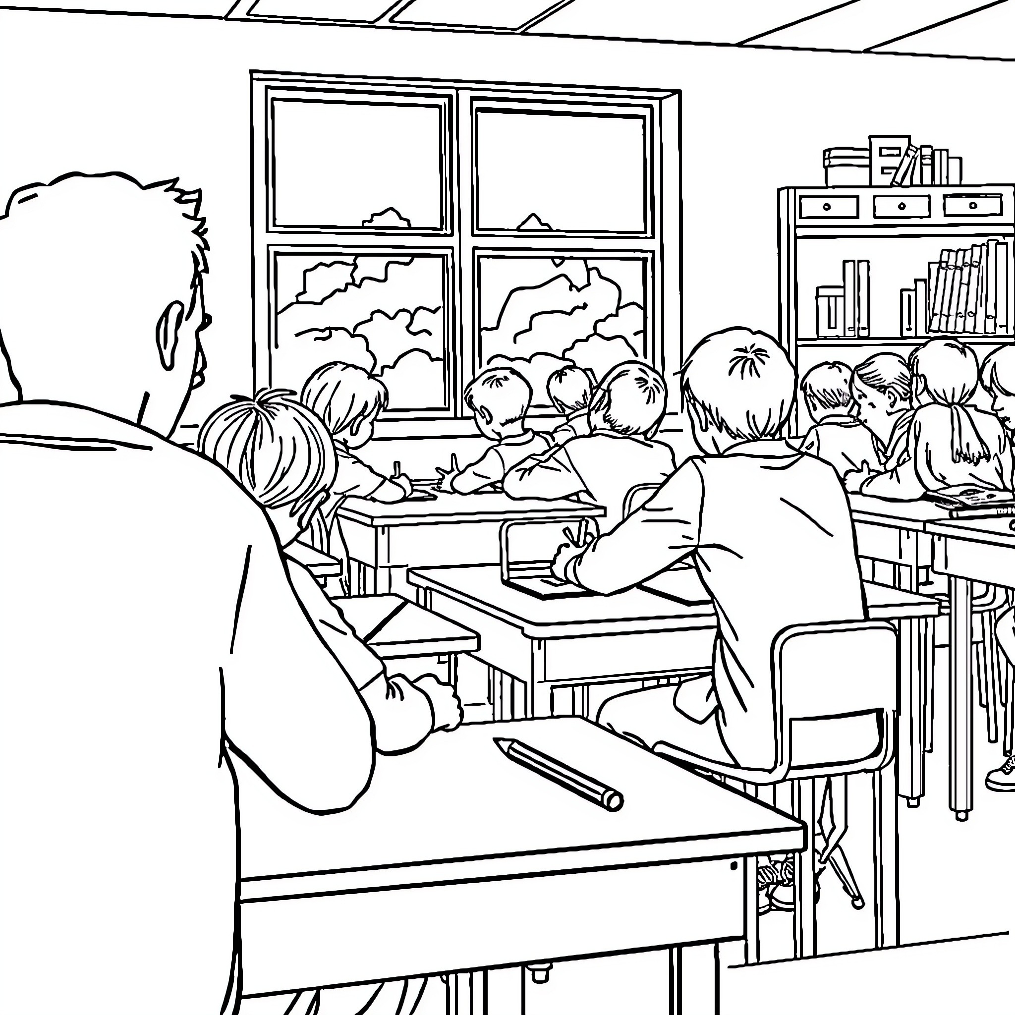 Students studying intently in the classroom Coloring Page (free black-and-white line drawing printable PDF for all, from beginners to advanced learners, including children, teens, adults, and seniors)
