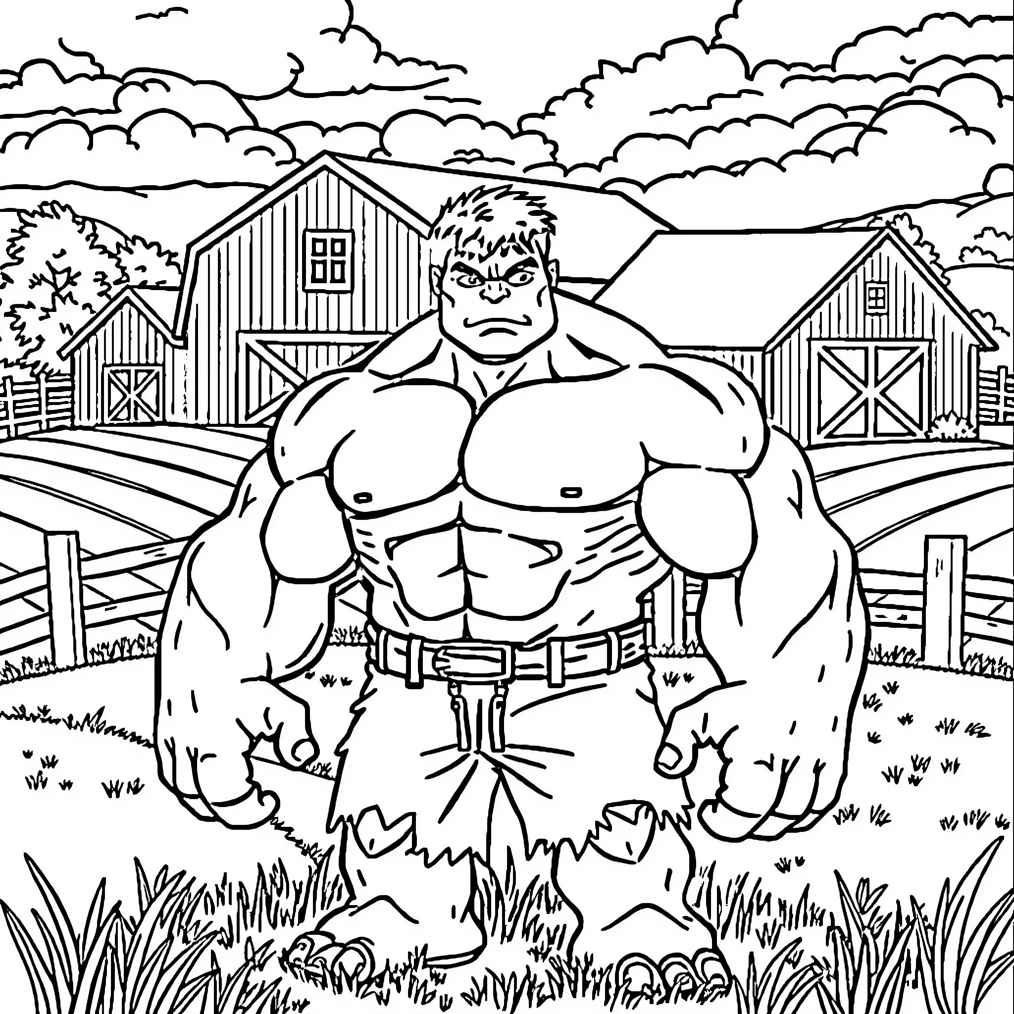 Hulk flexing muscles in a rural countryside Coloring Page (free black-and-white line drawing printable PDF for all, from beginners to advanced learners, including children, teens, adults, and seniors)