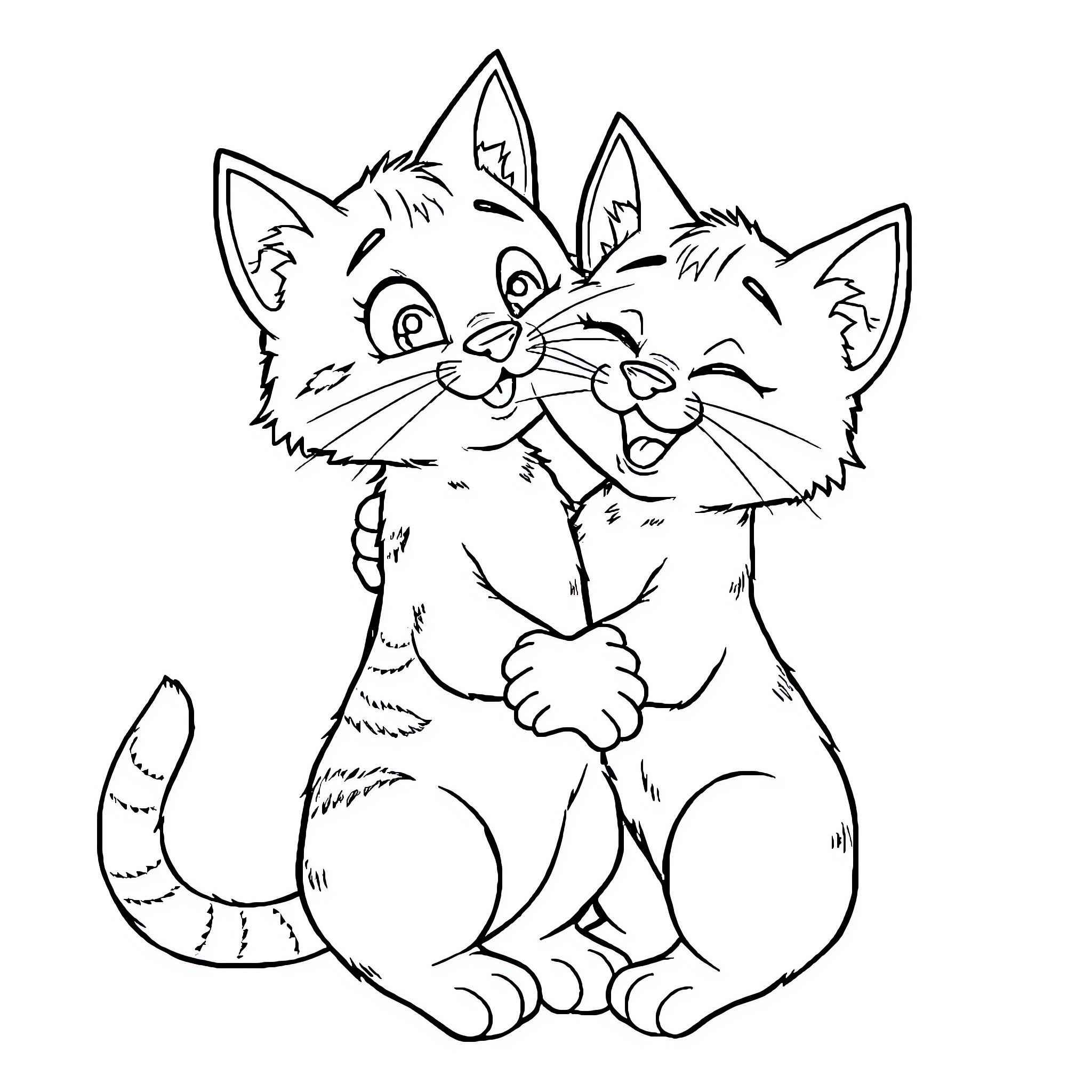Cat Kittens Sitting Together Playfully Coloring Page (free black-and-white line drawing printable PDF for all, from beginners to advanced learners, including children, teens, adults, and seniors)