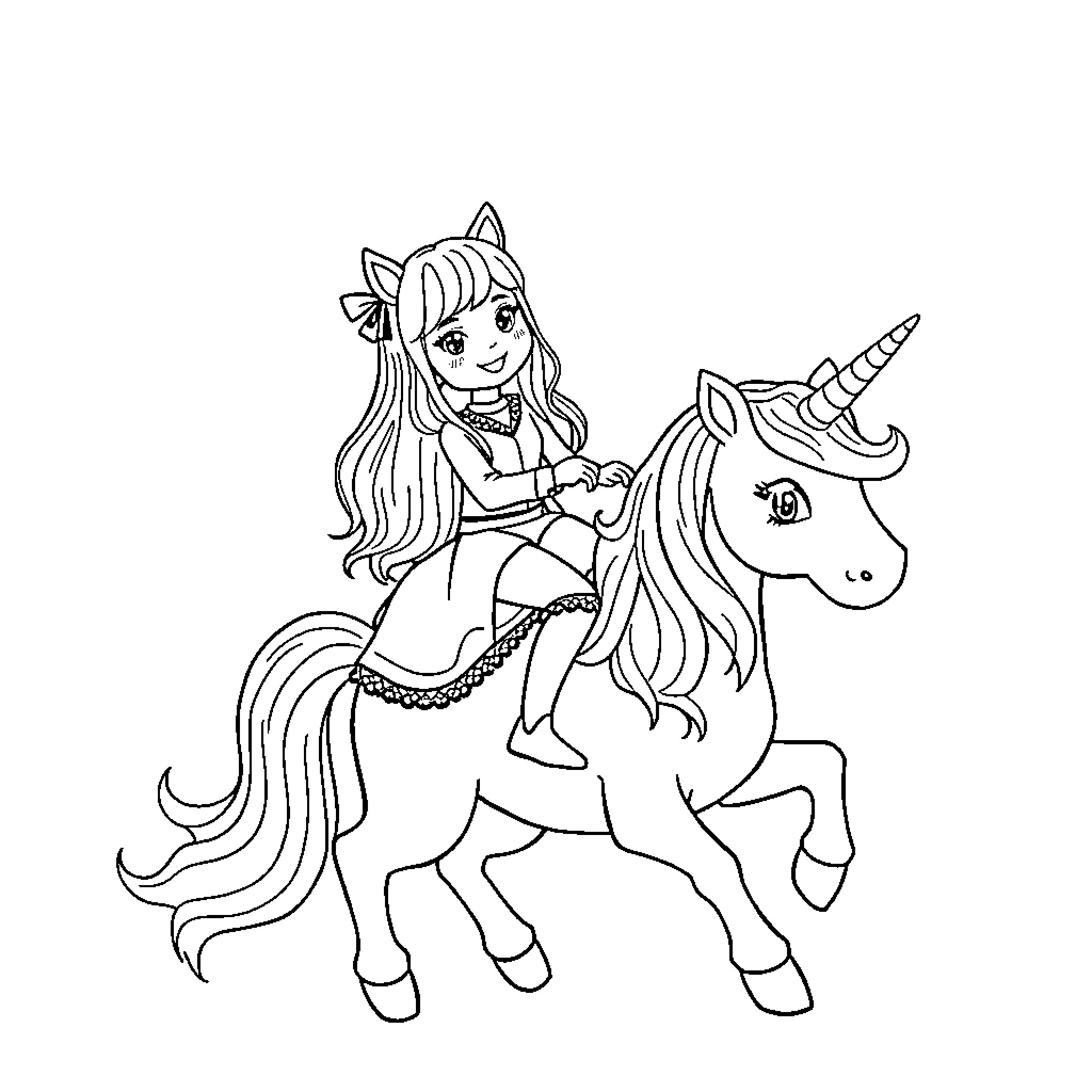 Rumi riding a unicorn with joy Coloring Page (free black-and-white line drawing printable PDF for all, from beginners to advanced learners, including children, teens, adults, and seniors)