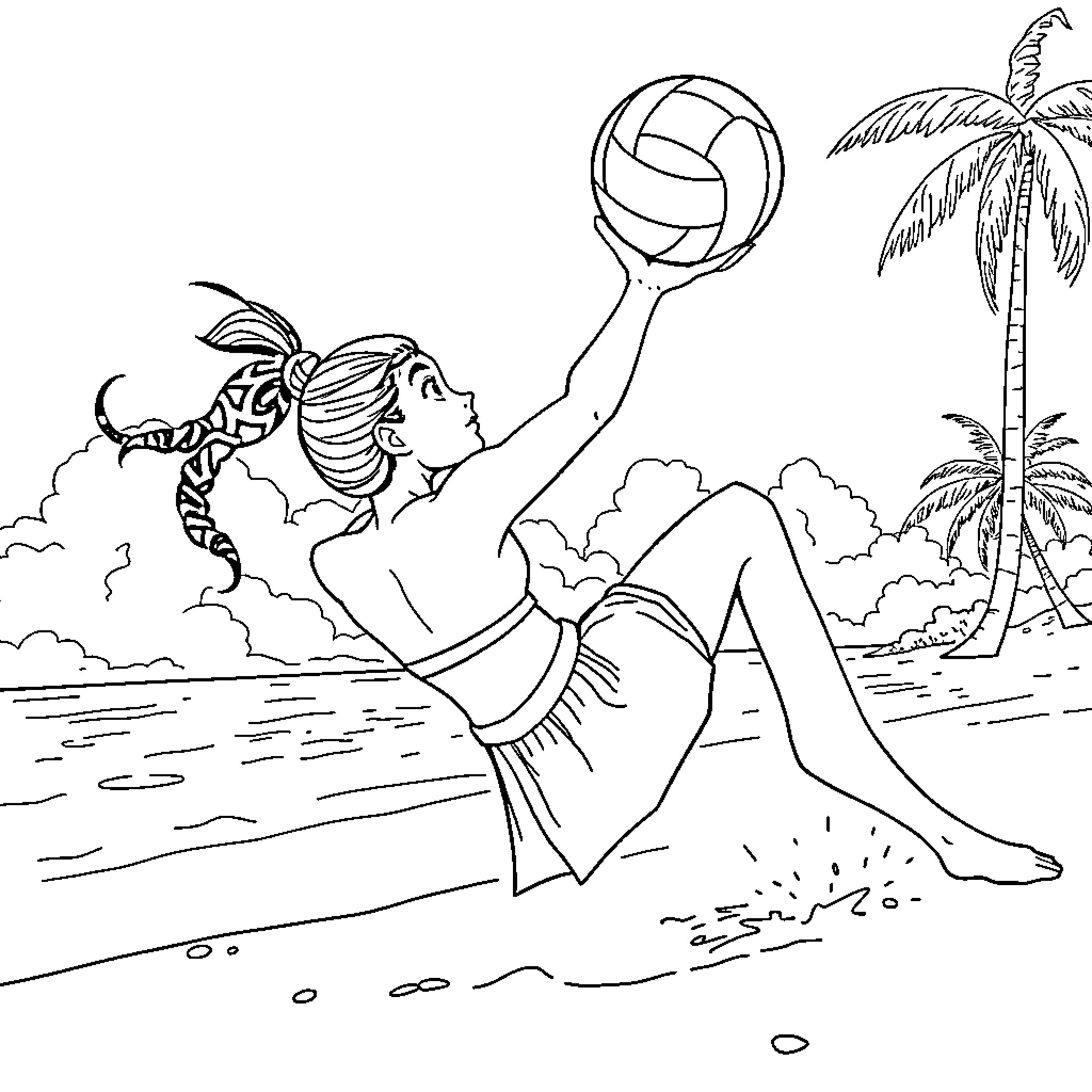 Katara playing volleyball on the beach Coloring Page (free black-and-white line drawing printable PDF for all, from beginners to advanced learners, including children, teens, adults, and seniors)