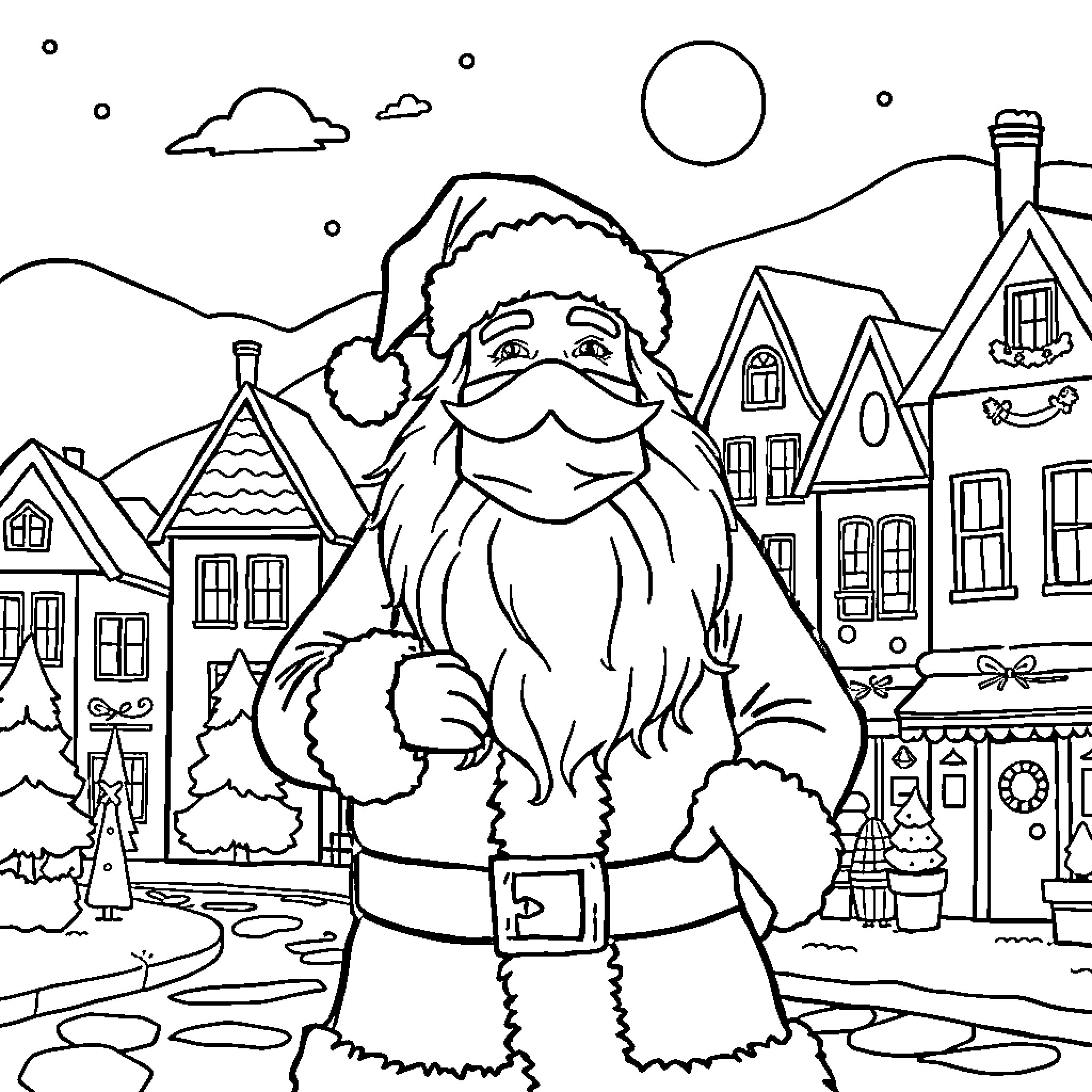 Santa's Joyful Arrival in Snowy Village Coloring Page (free black-and-white line drawing printable PDF for all, from beginners to advanced learners, including children, teens, adults, and seniors)