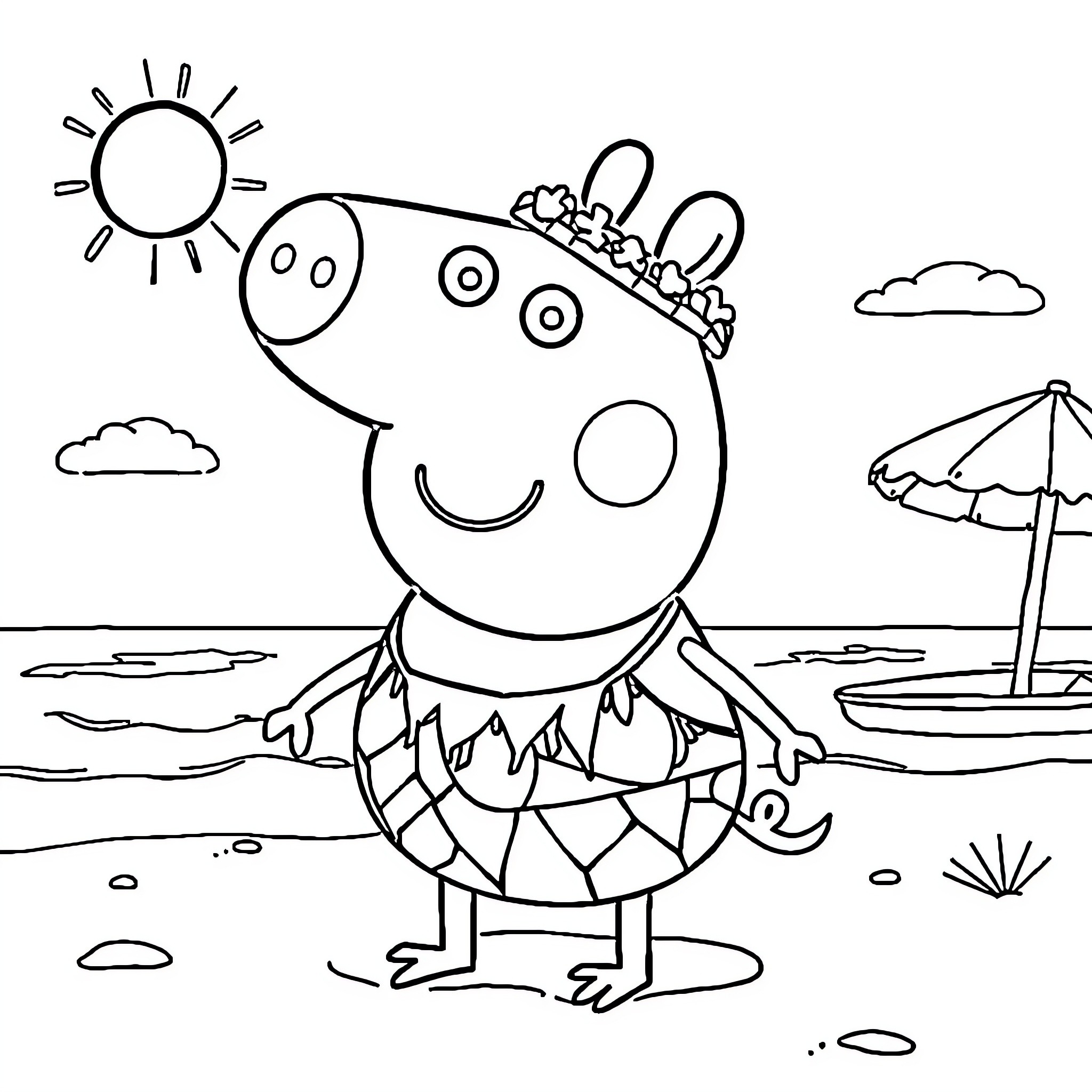 Peppa Pig enjoying a sunny day at the beach Coloring Page (free black-and-white line drawing printable PDF for all, from beginners to advanced learners, including children, teens, adults, and seniors)