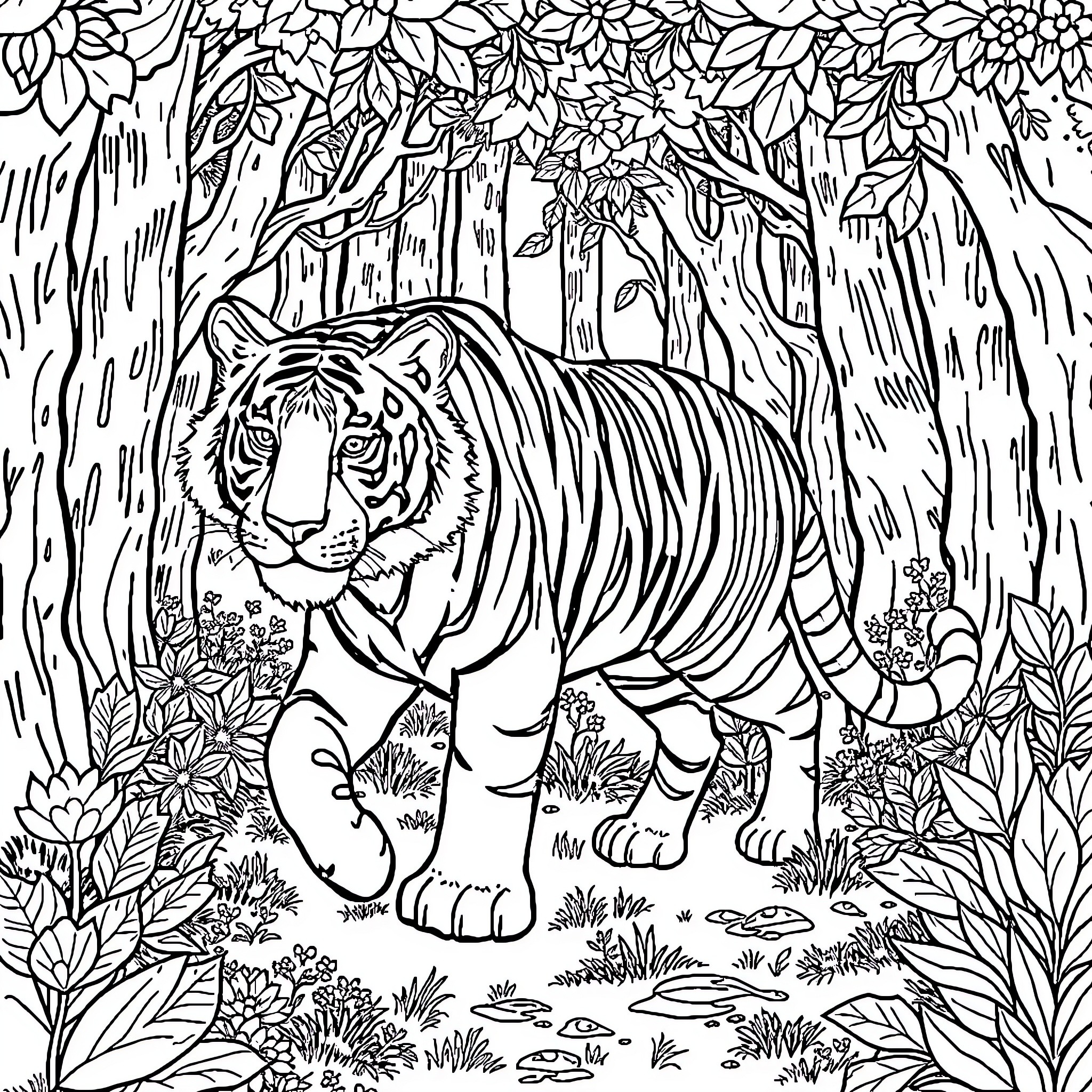 Tiger wandering through a lush forest landscape Coloring Page (free black-and-white line drawing printable PDF for all, from beginners to advanced learners, including children, teens, adults, and seniors)