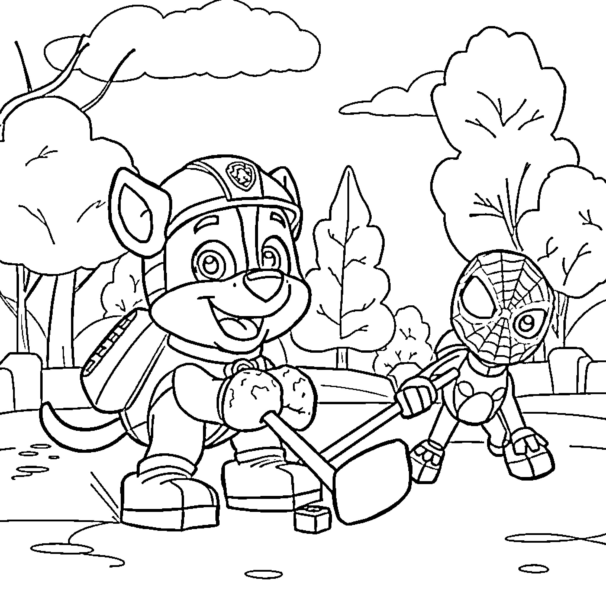 Rocky characters on an adventure in the outdoors Coloring Page (free black-and-white line drawing printable PDF for all, from beginners to advanced learners, including children, teens, adults, and seniors)