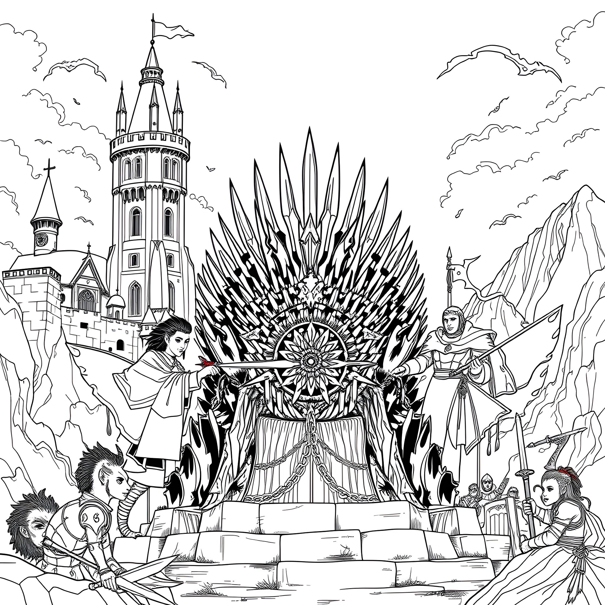 Game of Thrones: The Iron Throne and Its Rulers Coloring Page (free black-and-white line drawing printable PDF for all, from beginners to advanced learners, including children, teens, adults, and seniors)