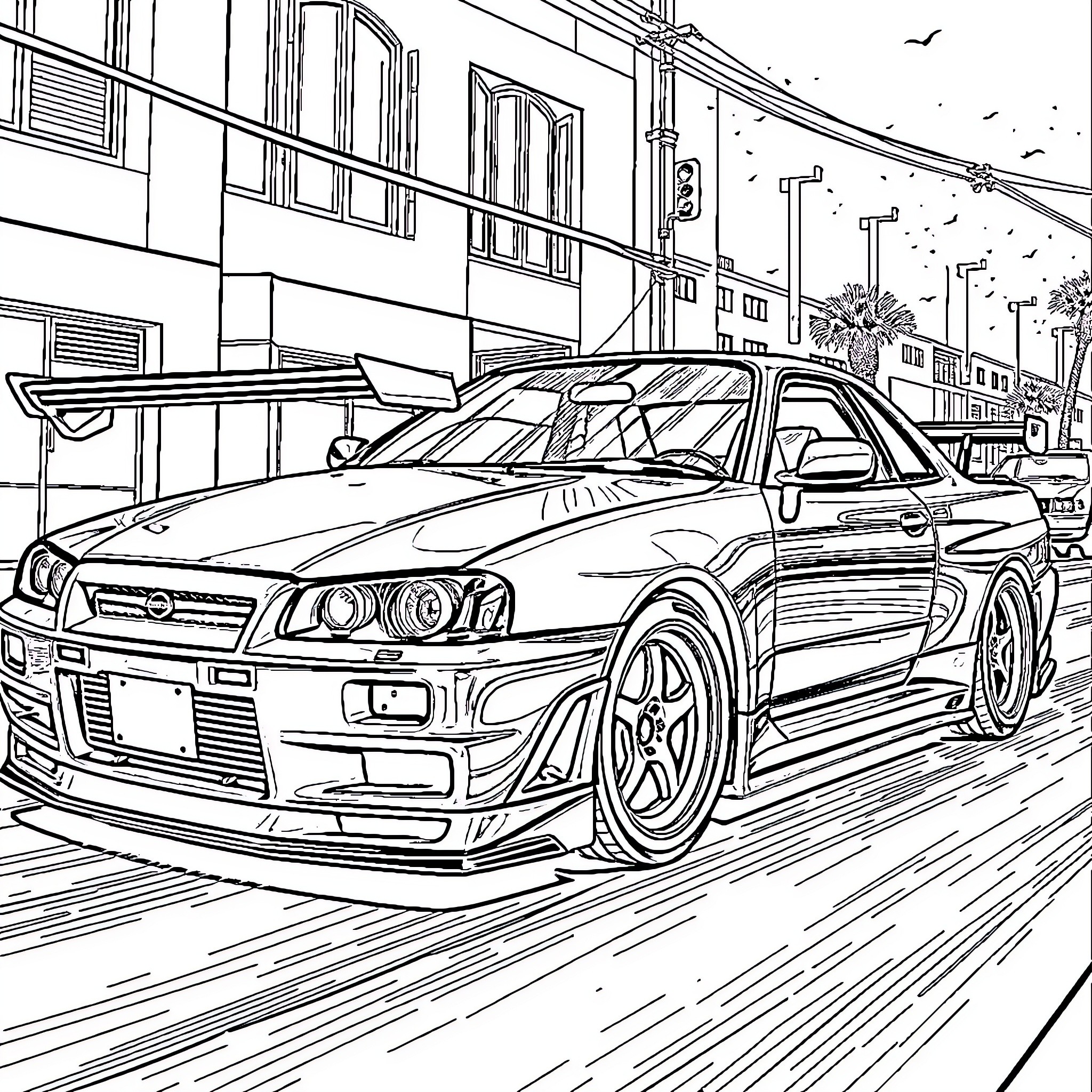 Nissan Skyline speeding through the city streets Coloring Page (free black-and-white line drawing printable PDF for all, from beginners to advanced learners, including children, teens, adults, and seniors)