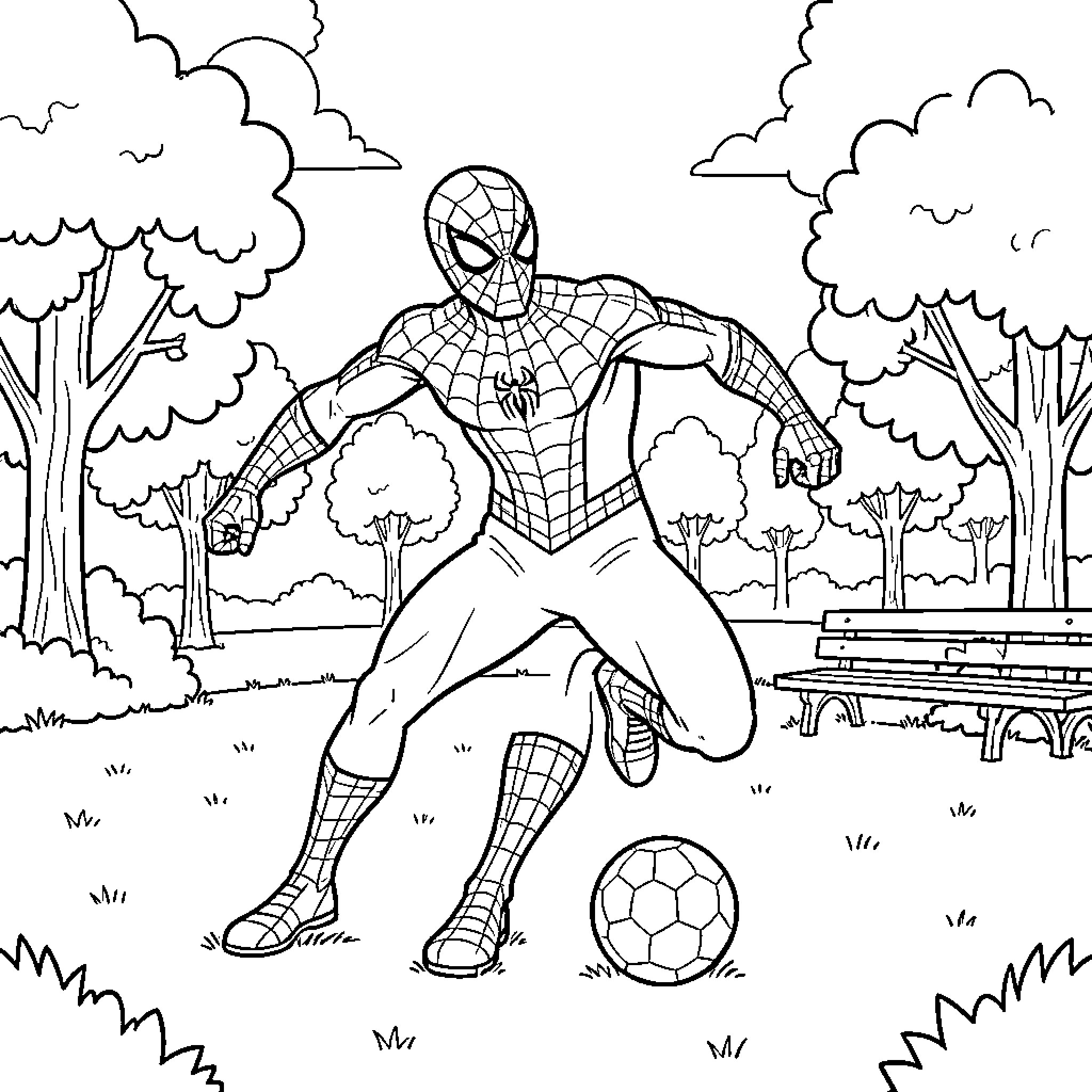 Spiderman playing soccer in a park setting Coloring Page (free black-and-white line drawing printable PDF for all, from beginners to advanced learners, including children, teens, adults, and seniors)