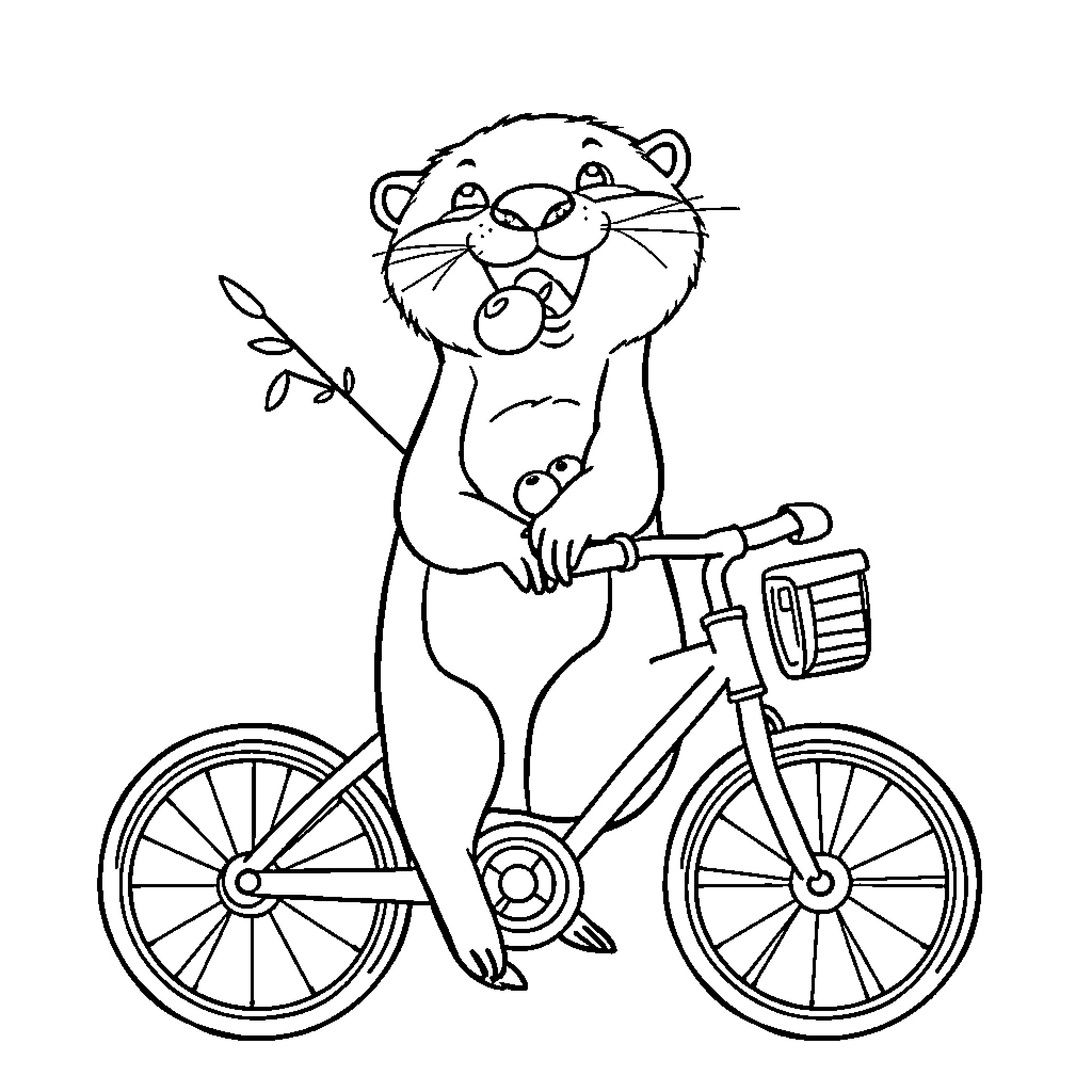 Otter riding a bicycle happily Coloring Page (free black-and-white line drawing printable PDF for all, from beginners to advanced learners, including children, teens, adults, and seniors)