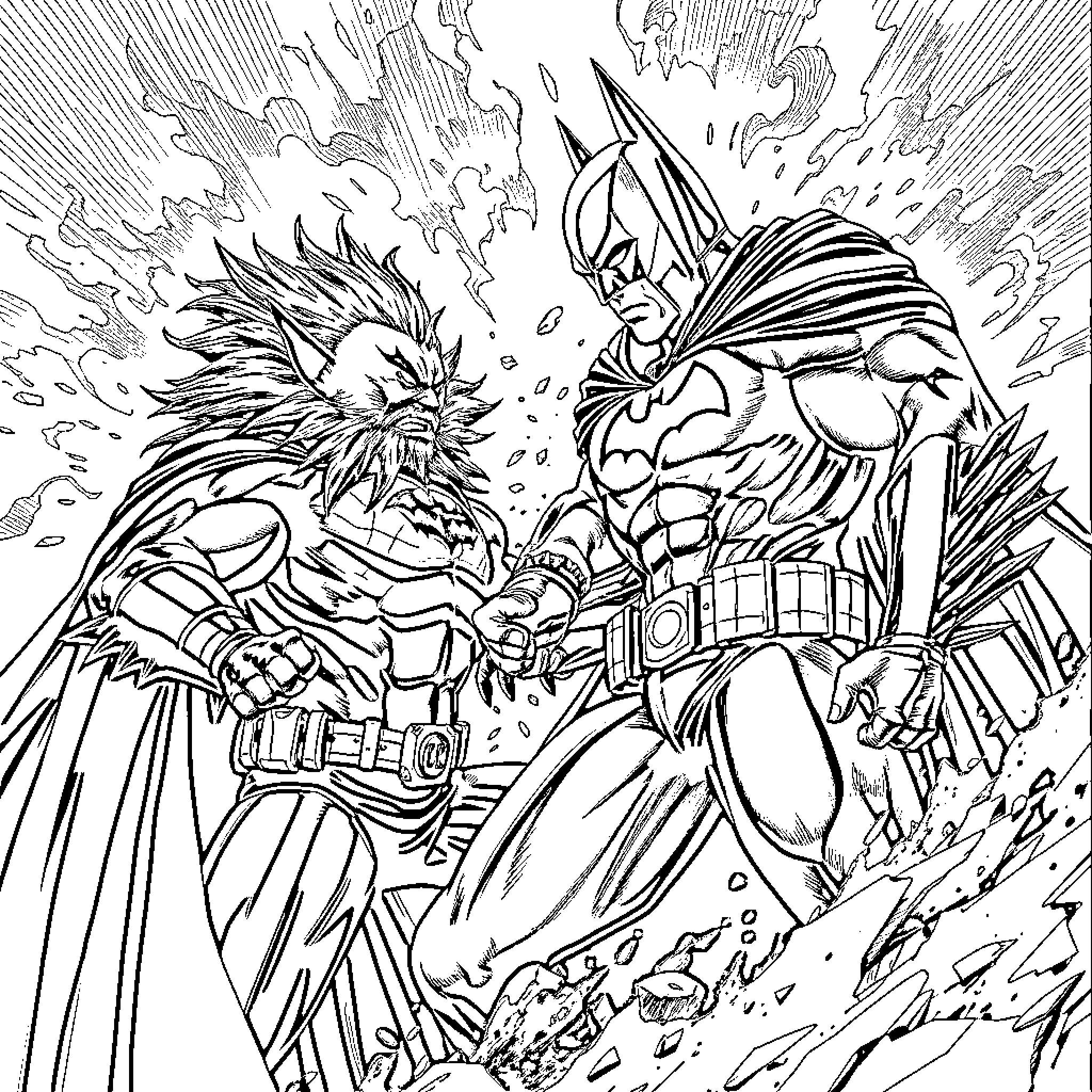 Lobo confronting Batman in intense battle Coloring Page (free black-and-white line drawing printable PDF for all, from beginners to advanced learners, including children, teens, adults, and seniors)