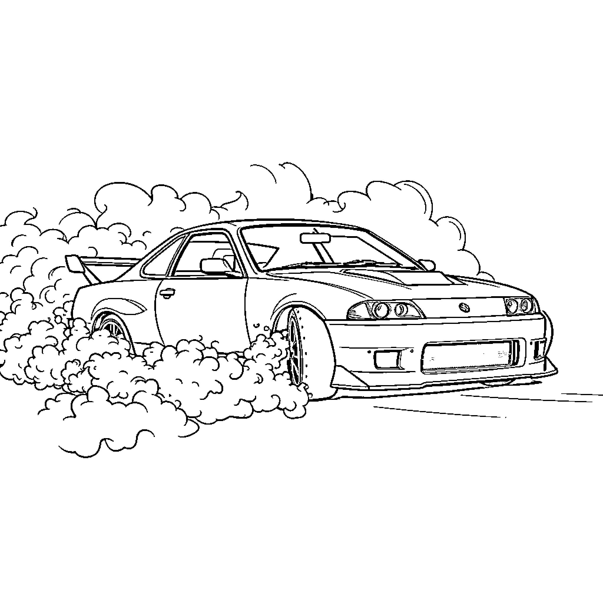 Drift Car Maneuvering Through Smoky Terrain Coloring Page (free black-and-white line drawing printable PDF for all, from beginners to advanced learners, including children, teens, adults, and seniors)