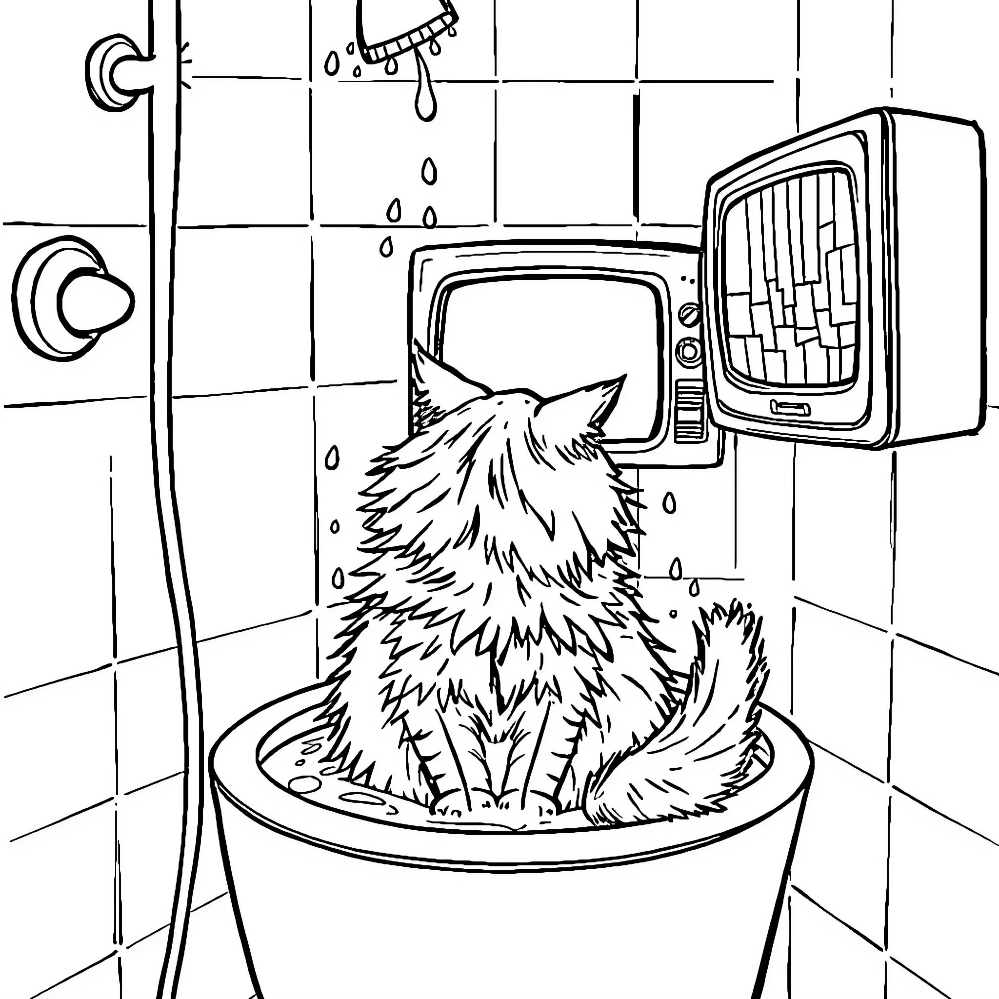 Cat watching television in the bathroom Coloring Page (free black-and-white line drawing printable PDF for all, from beginners to advanced learners, including children, teens, adults, and seniors)