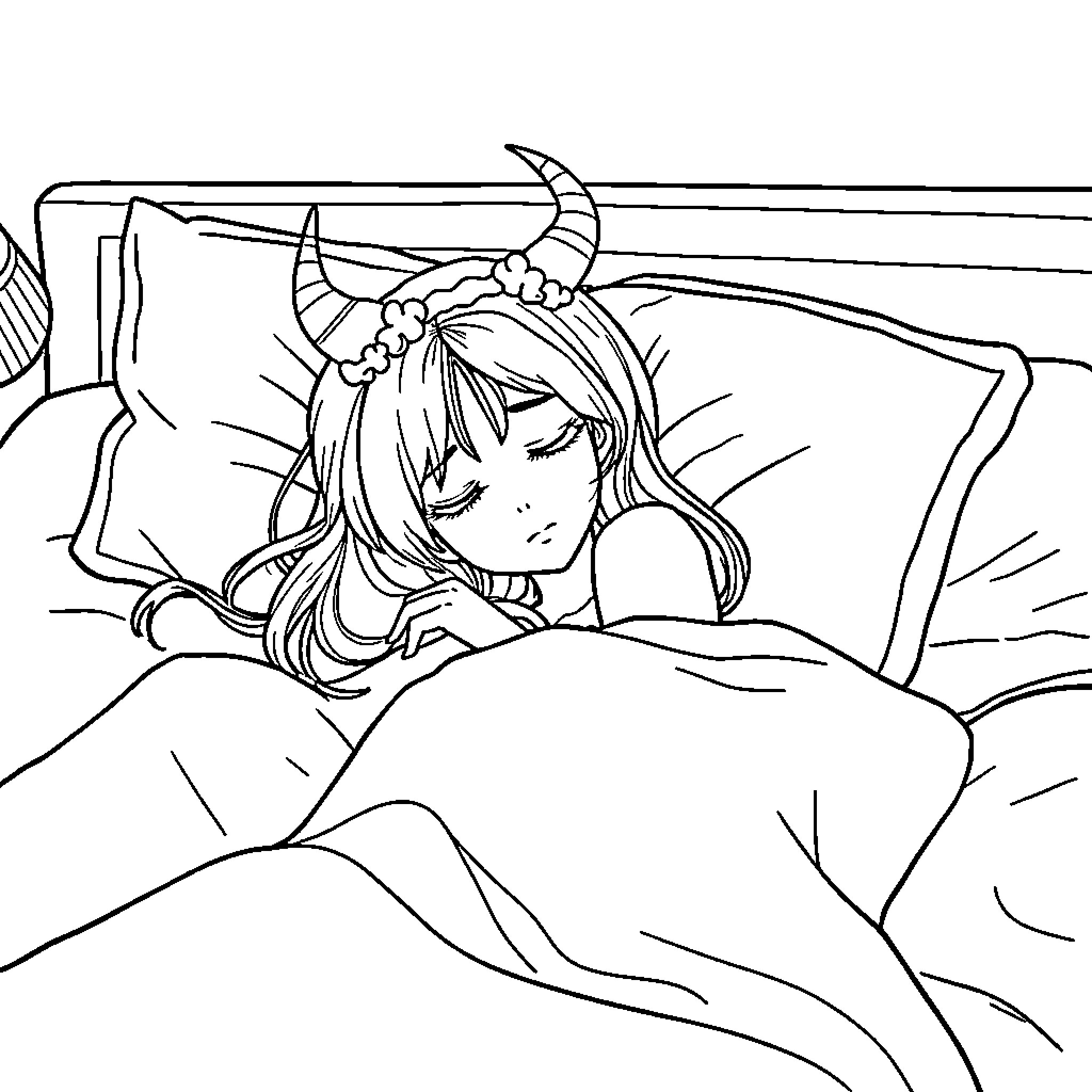 Mira resting peacefully in the moonlight Coloring Page (free black-and-white line drawing printable PDF for all, from beginners to advanced learners, including children, teens, adults, and seniors)