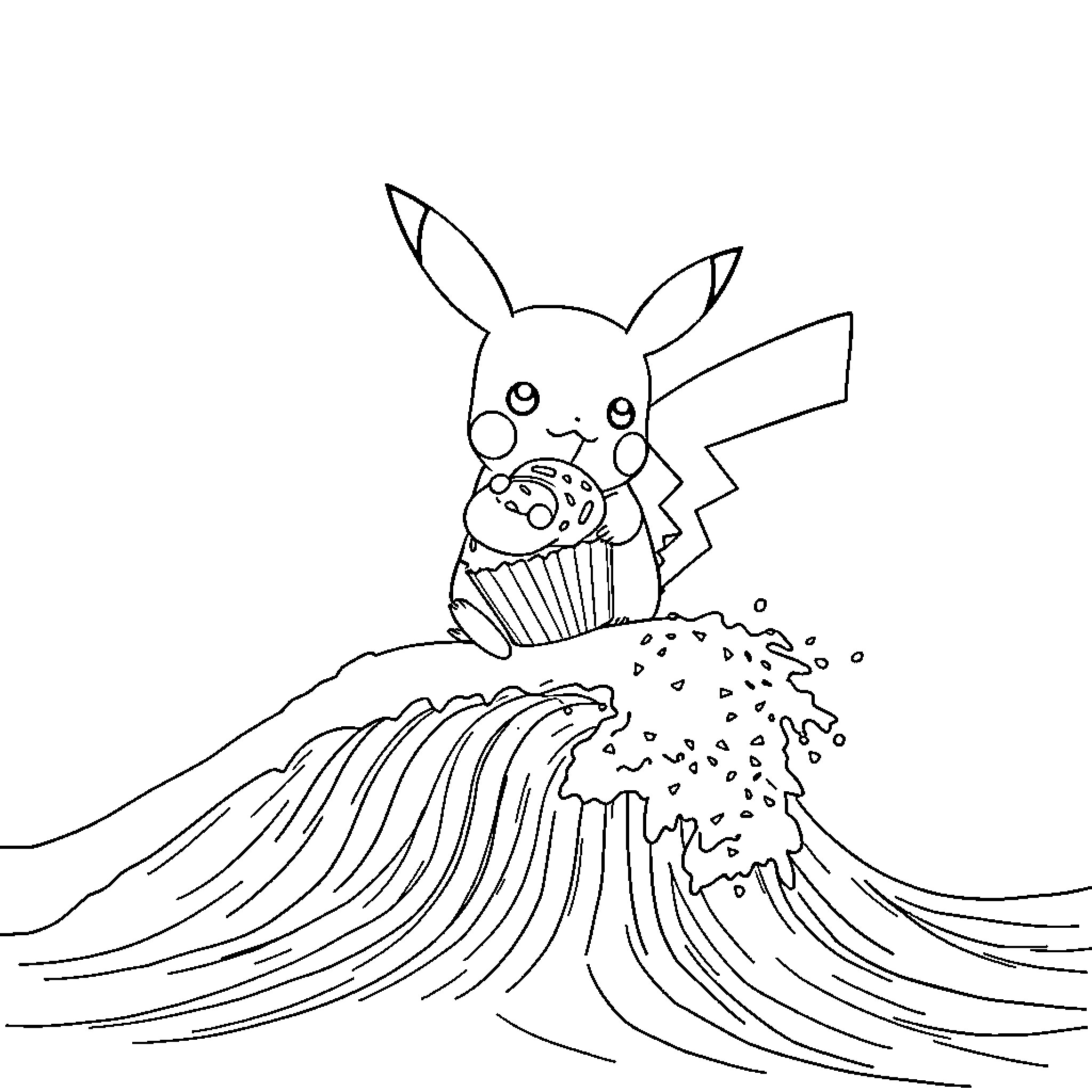 Pikachu Enjoying a Cupcake by the Waves Coloring Page (free black-and-white line drawing printable PDF for all, from beginners to advanced learners, including children, teens, adults, and seniors)